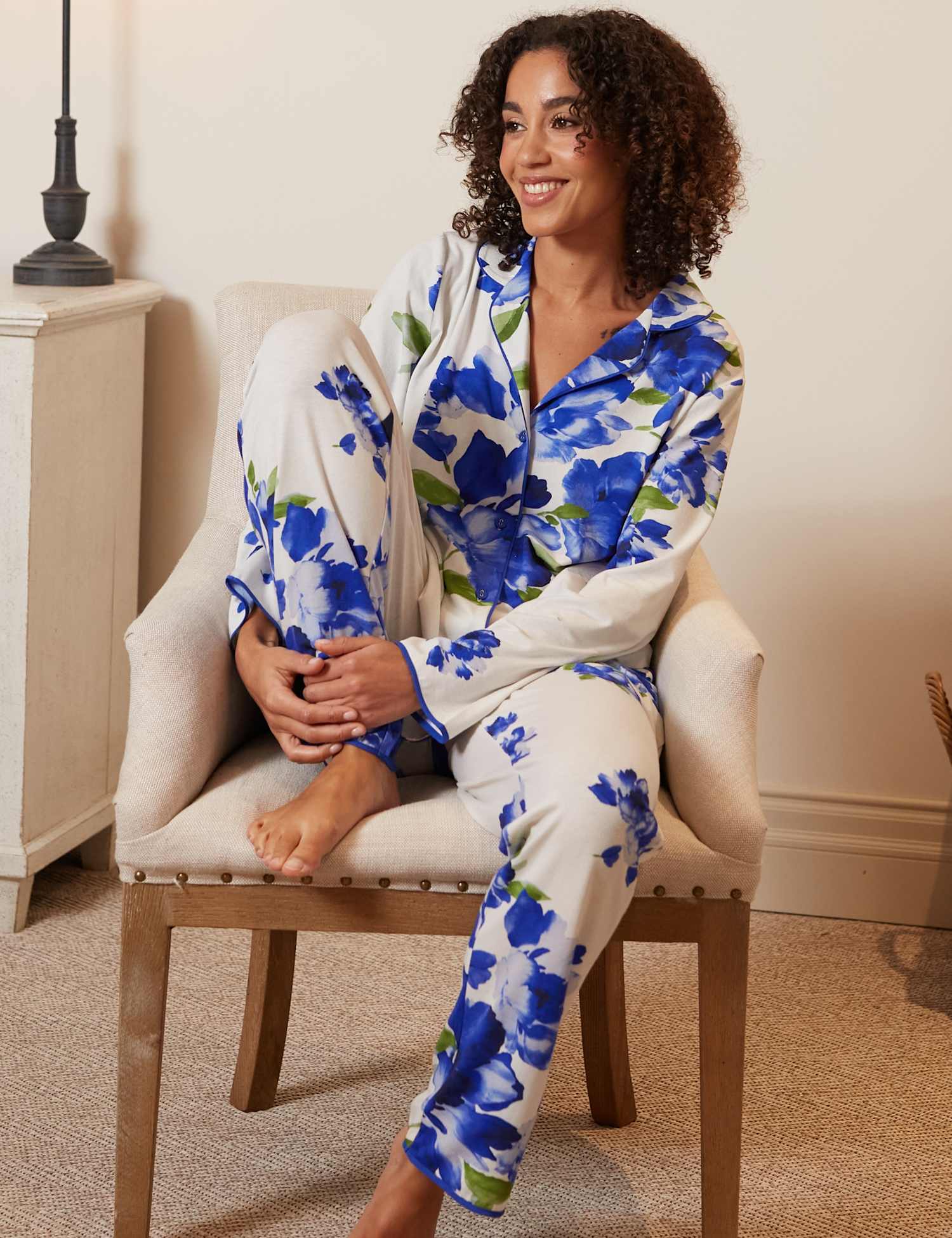 Cyberjammies Cotton Modal Jersey Floral Pyjama Bottoms Blue Mix