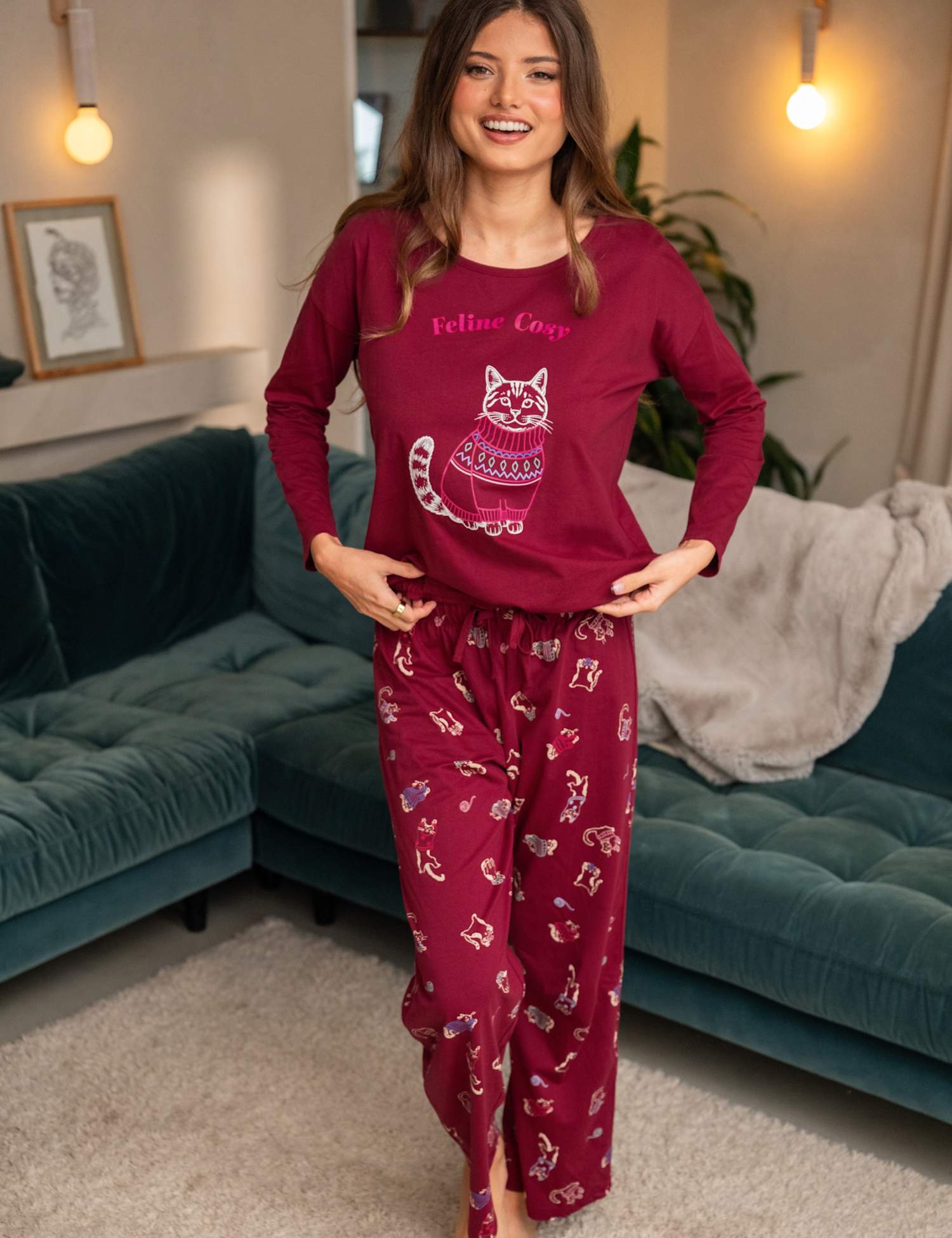 Pour Moi Pure Cotton Wide Leg Animal Pyjama Set Berry