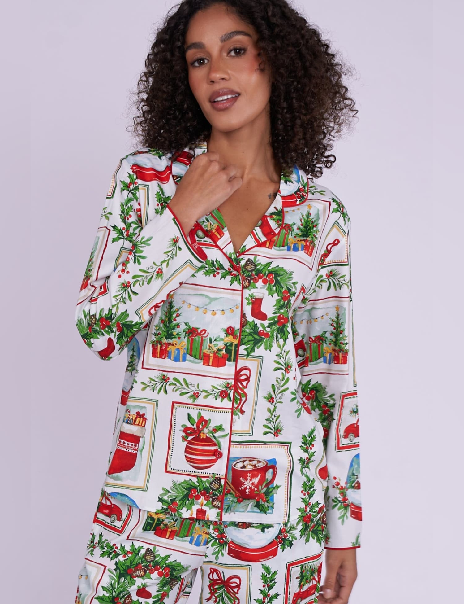 Cyberjammies Cotton Modal Family Christmas Postcard Pyjama Top Red Mix