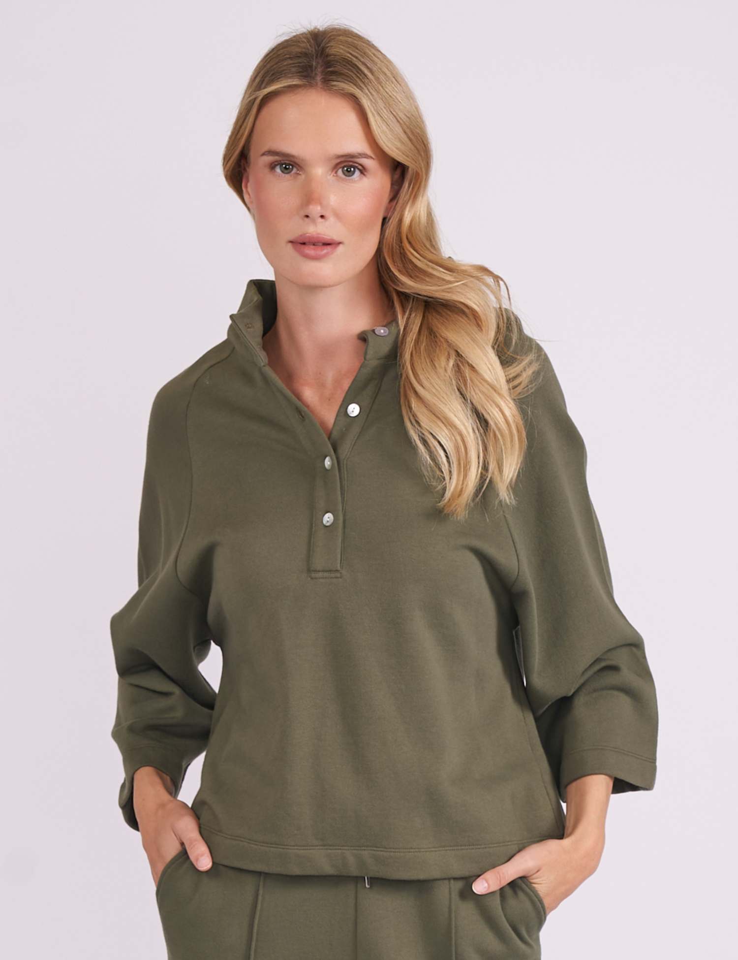 Cyberjammies Cotton Modal Half Button Sweatshirt Olive