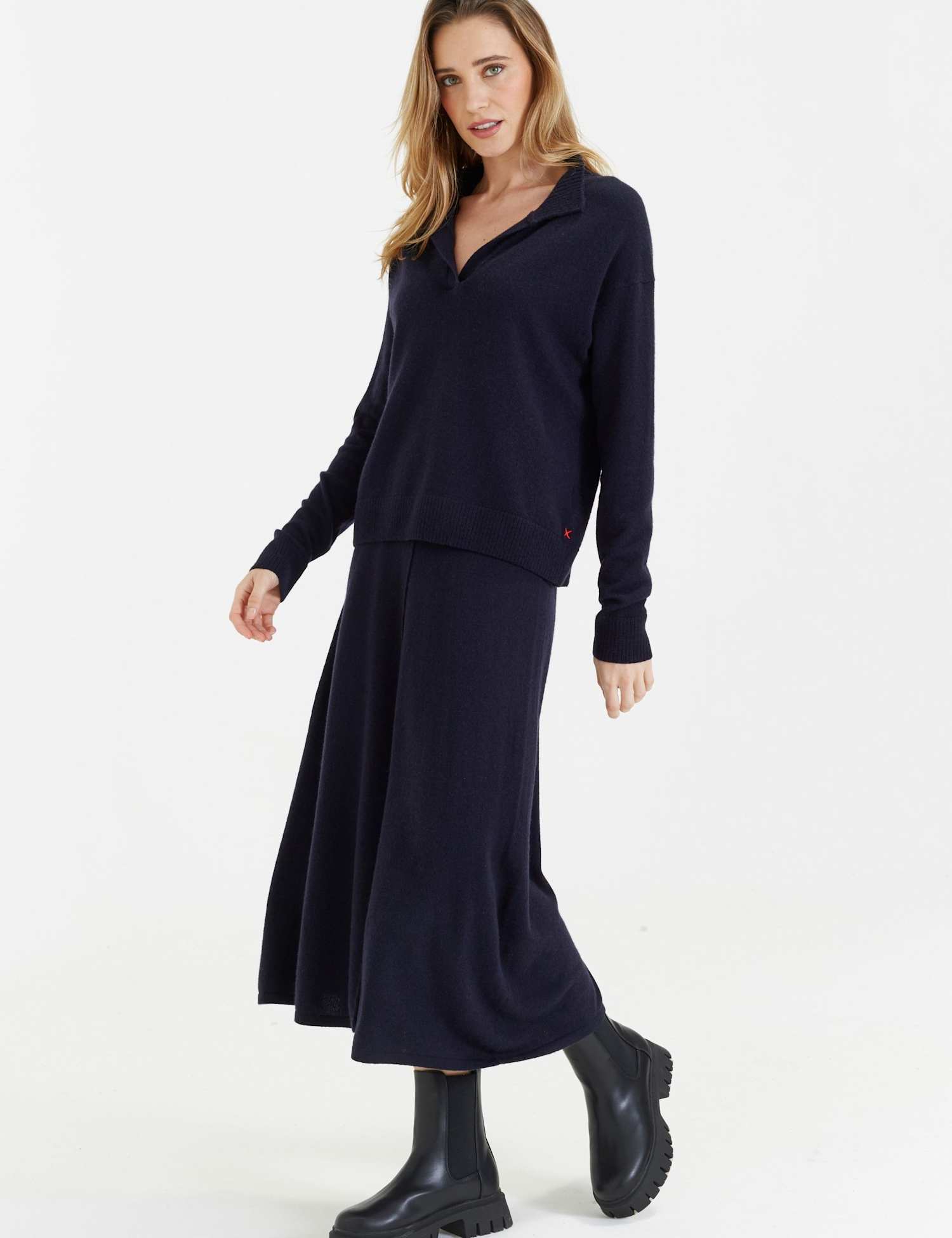 Chinti & Parker Midi A-Line Skirt with Cashmere Navy