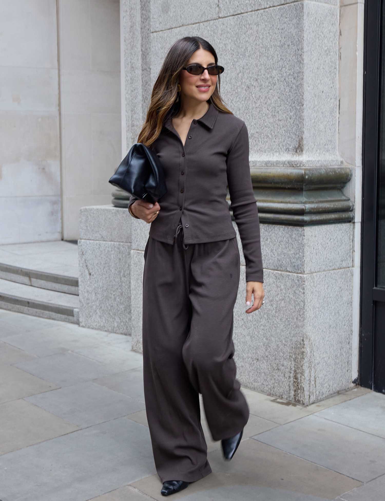 WAT THE BRAND Cotton Rich Ribbed Wide Leg Joggers Brown
