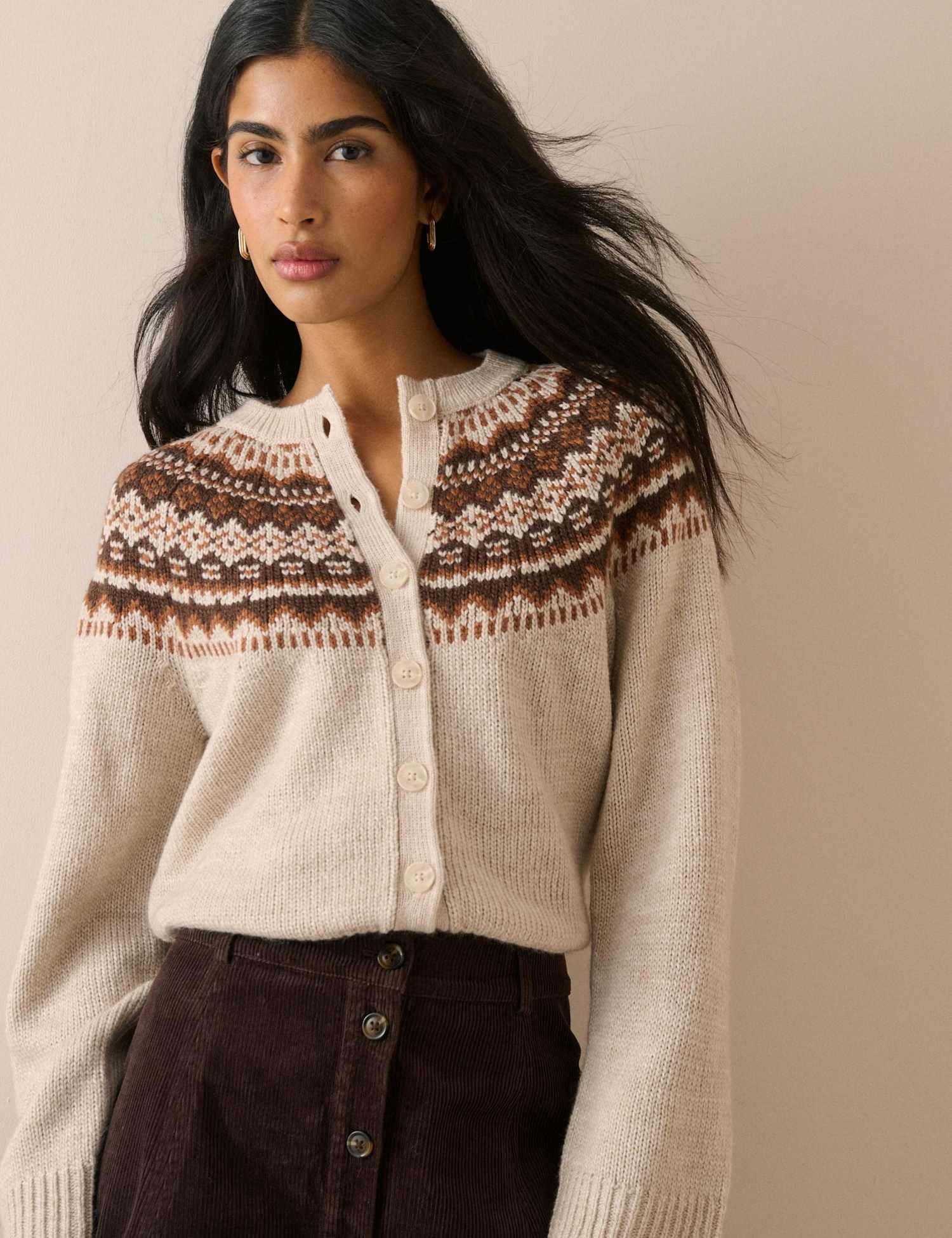 Nobody's Child Fair Isle Button Front Cardigan with Wool Cream