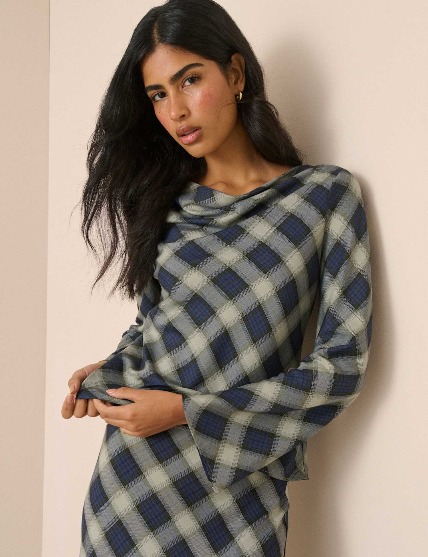 Nobody's Child Checked Cowl Neck Blouse Blue