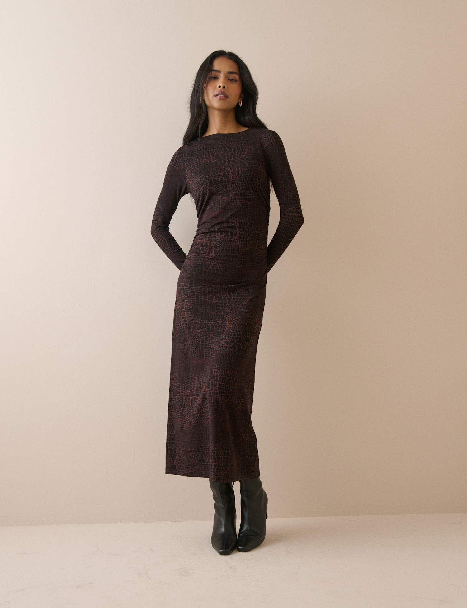 Nobody's Child Animal Print Midi Bodycon Dress Brown