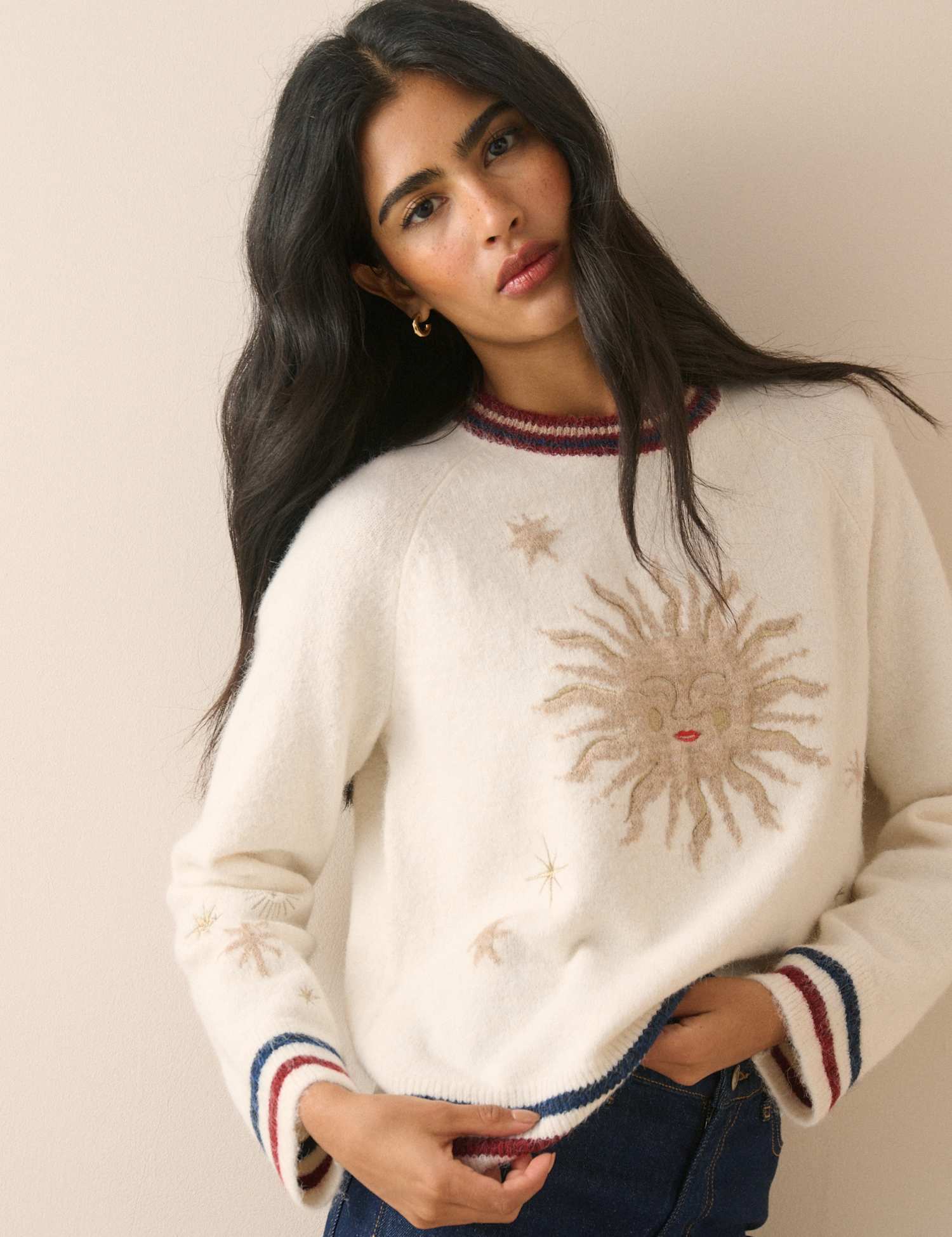 Nobody's Child X Elizabeth Scarlett Intarsia & Embroidery Sun Motif Jumper with Wool White