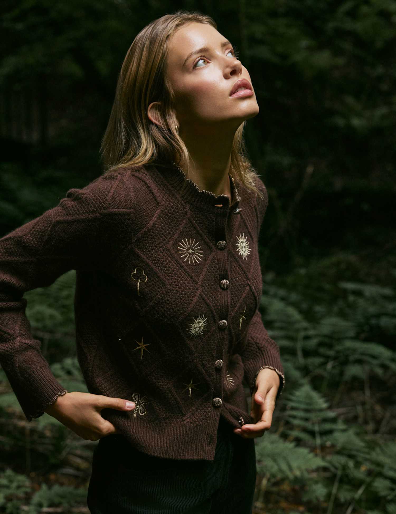Nobody's Child X Elizabeth Scarlett Wool Blend Embroidered Cable Knit Cardigan Brown