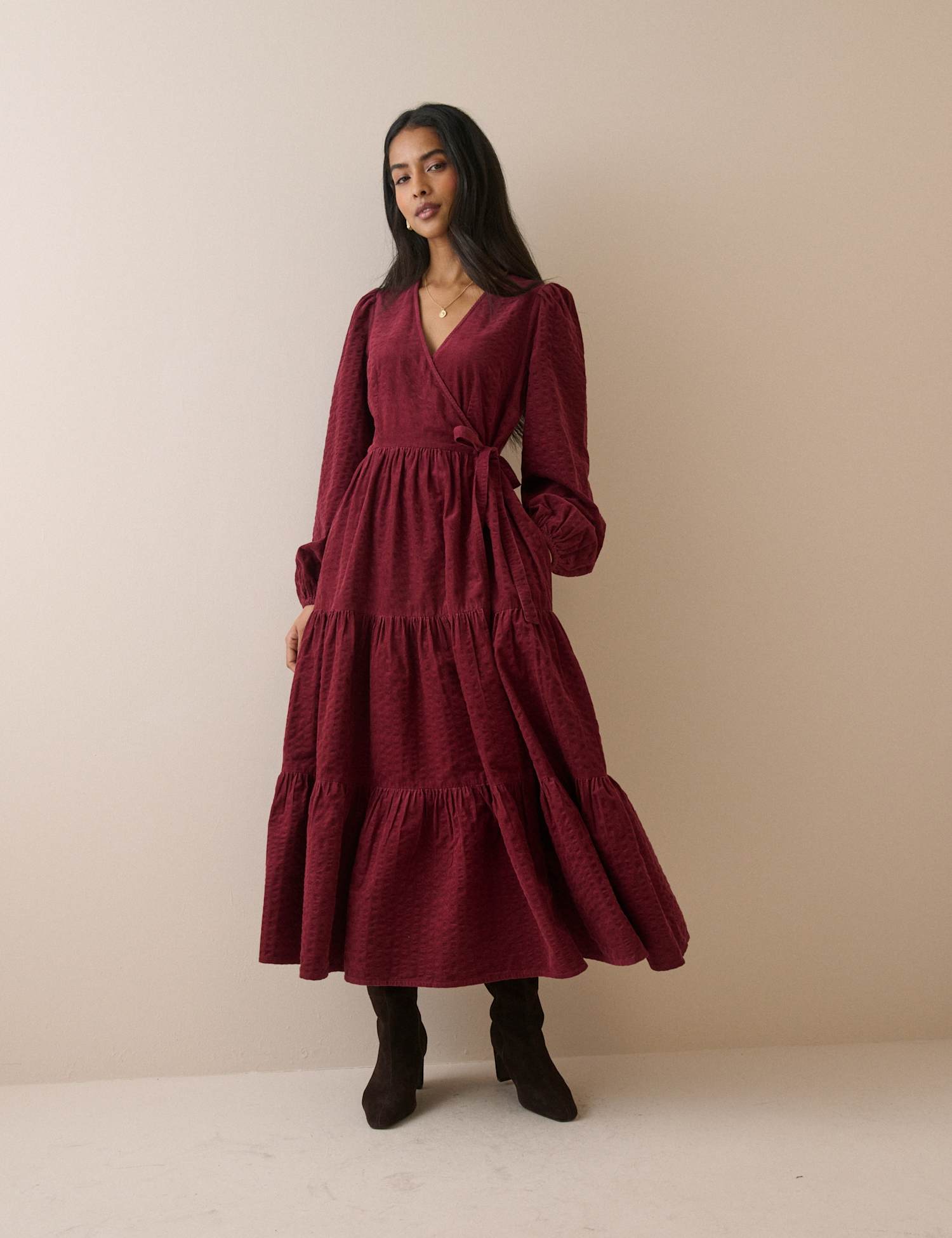 Nobody's Child Pure Cotton Cord V-Neck Midi Waisted Dress Burgundy