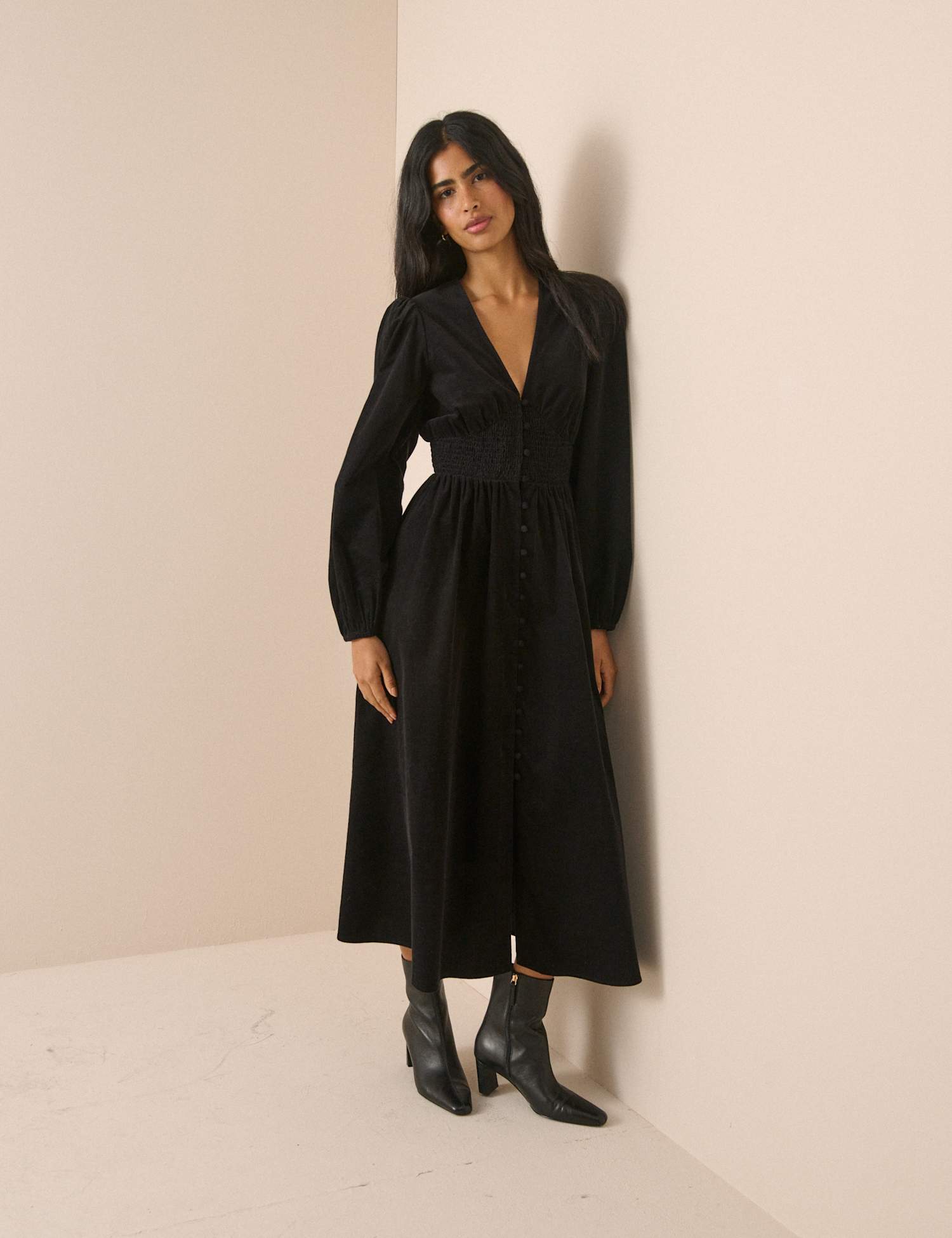 Nobody's Child Cord V-Neck Midi Waisted Dress Black