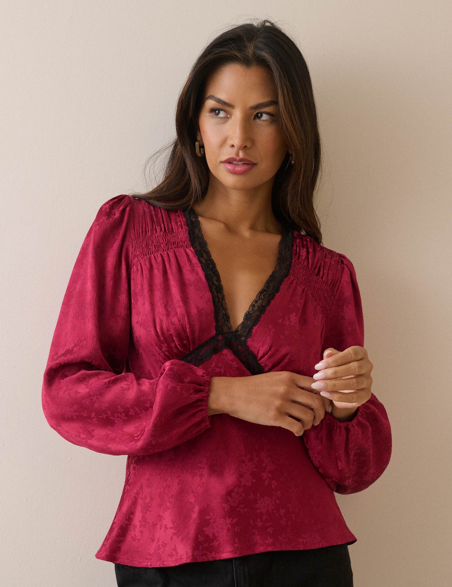 Nobody's Child Satin Leaf Print Lace Detail V-Neck Blouse Pink