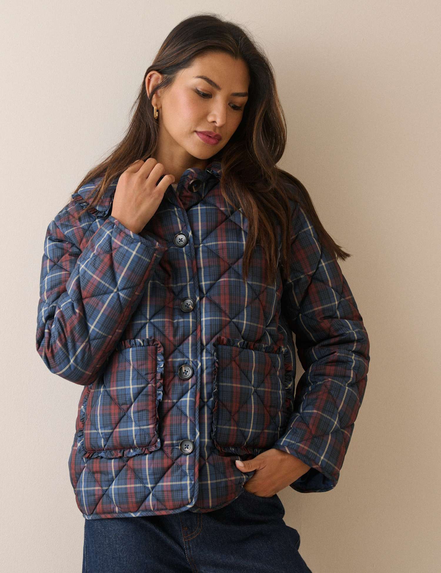 Nobody's Child Checked Quilted Frill Jacket Blue