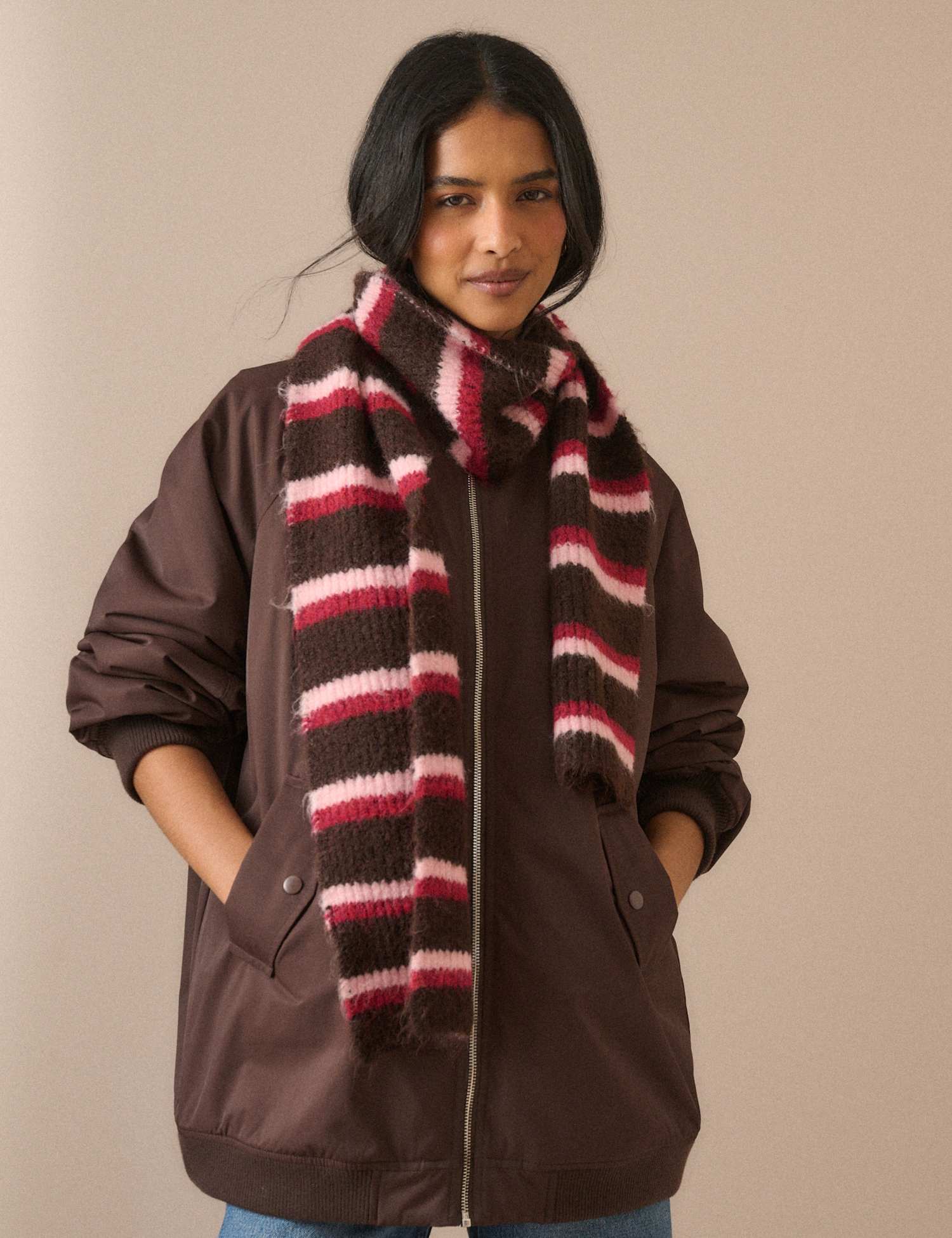 Nobody's Child Knitted Striped Scarf Pink