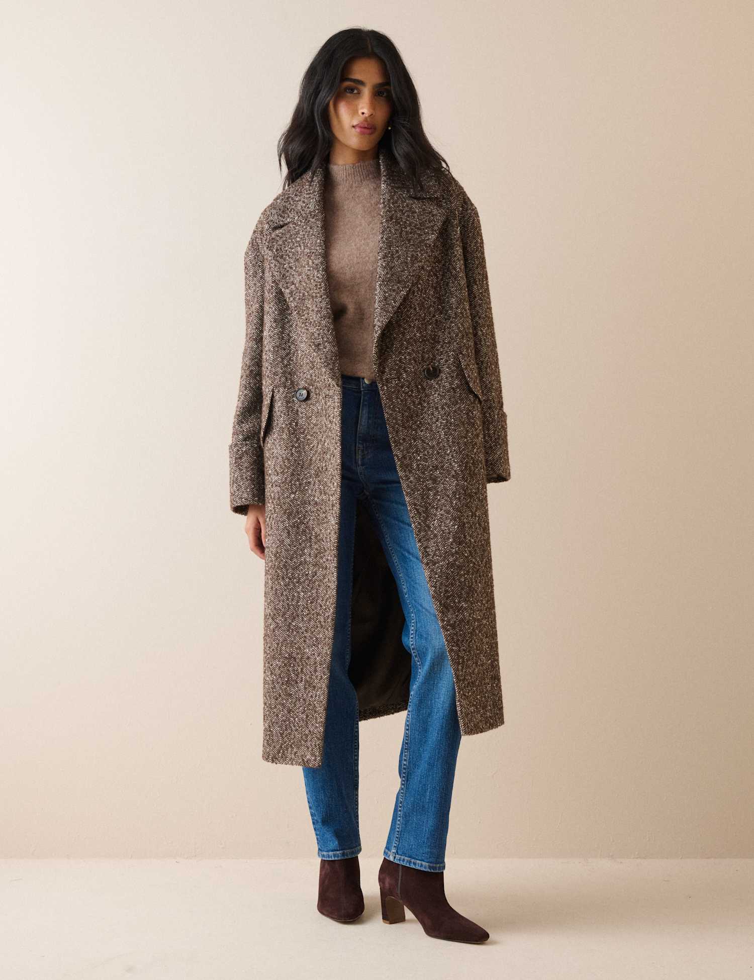 Nobody's Child Herringbone Double Breasted Coat with Wool Chocolate