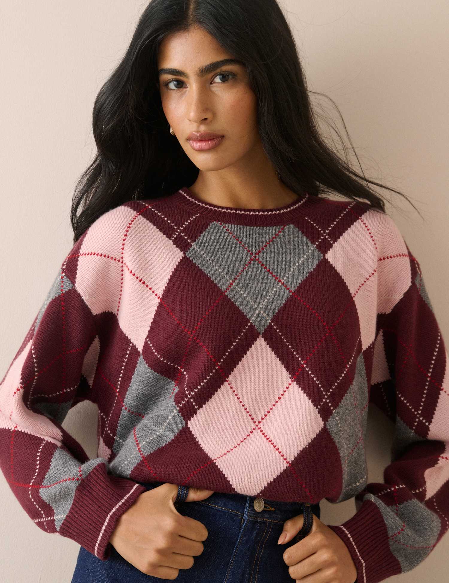 Nobody's Child Wool Blend Argyle Oversized Jumper Multi