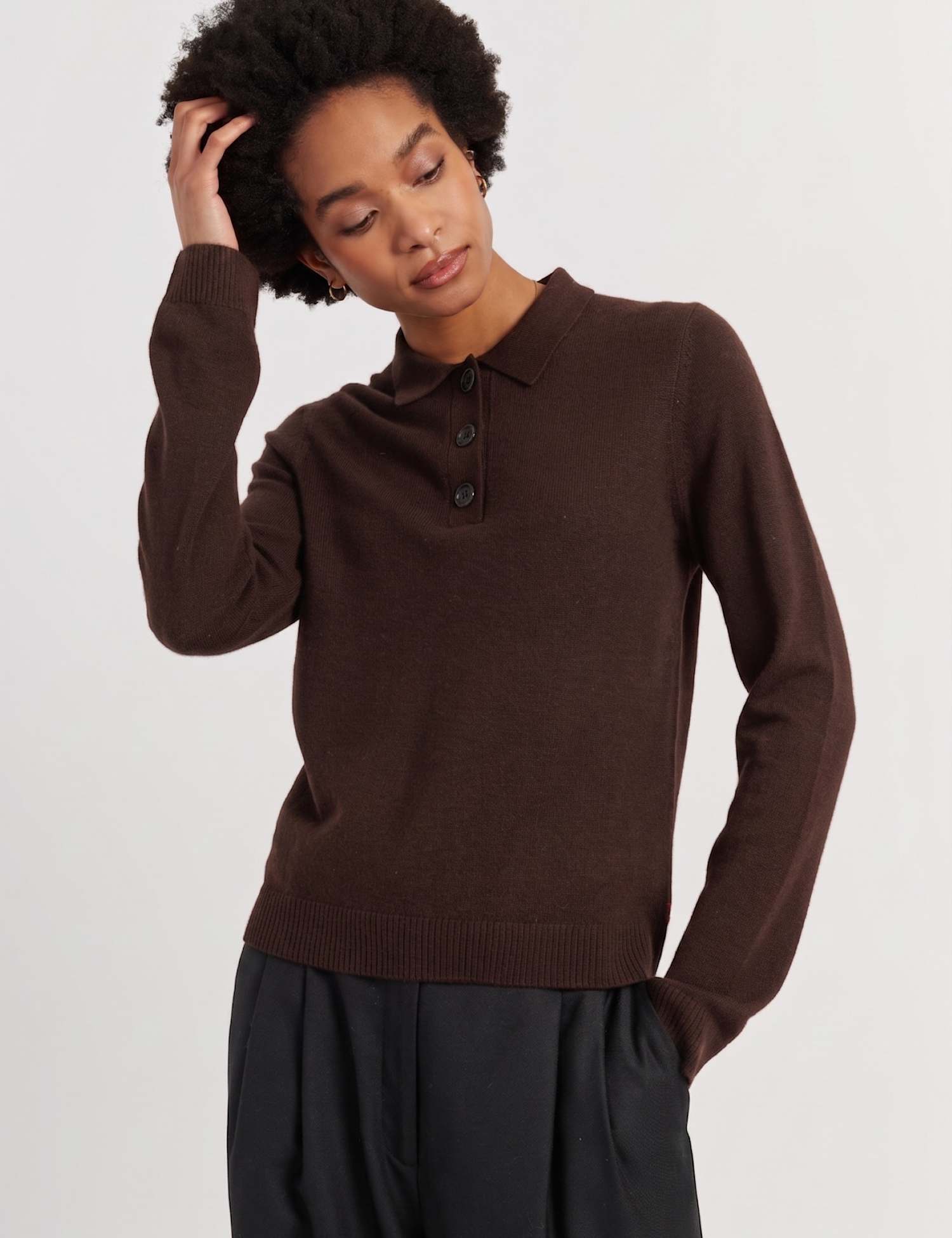 Chinti & Parker Wool Rich Collared Sweatshirt with Cashmere Chocolate