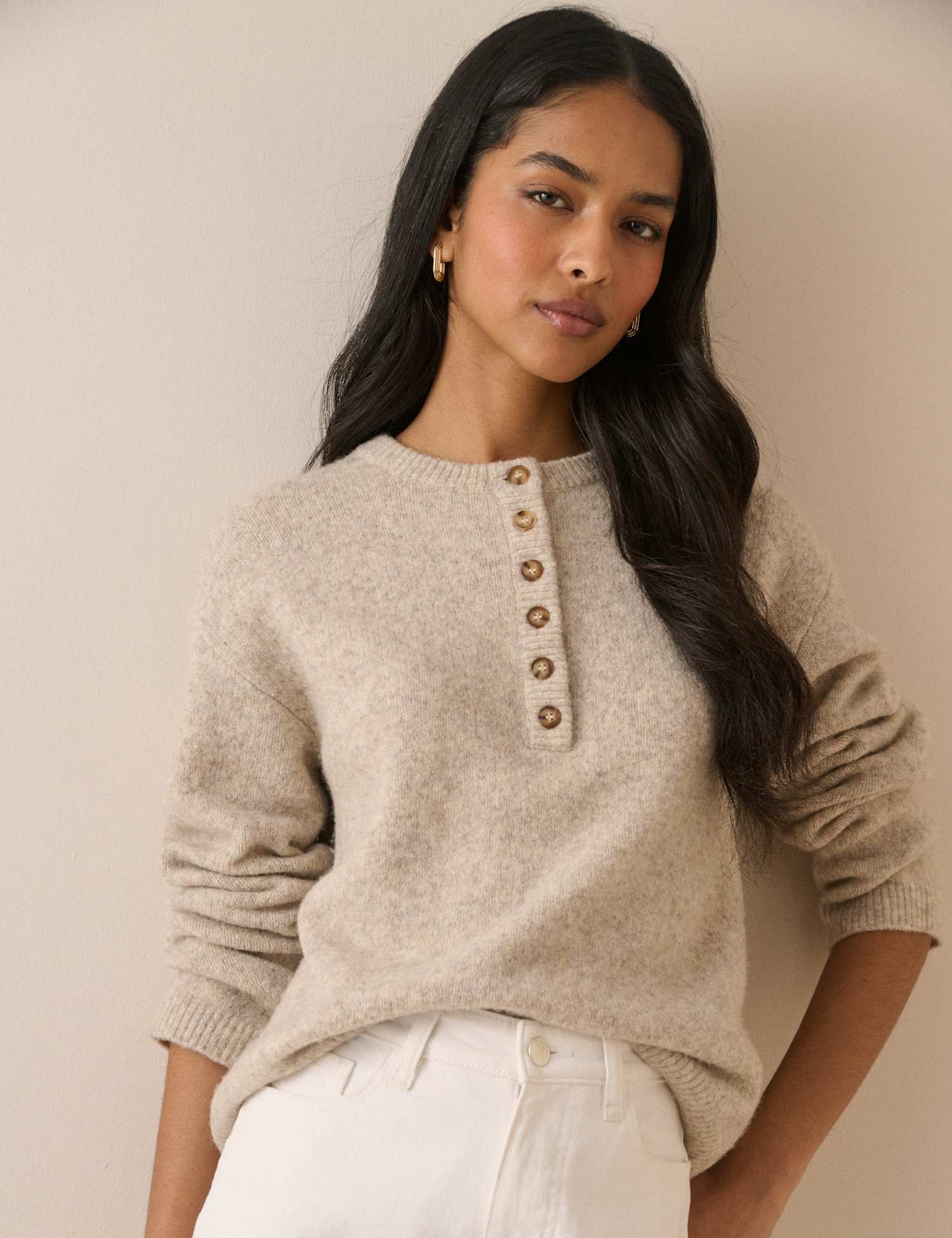 Nobody's Child Henley Crew Neck Jumper With Wool Beige