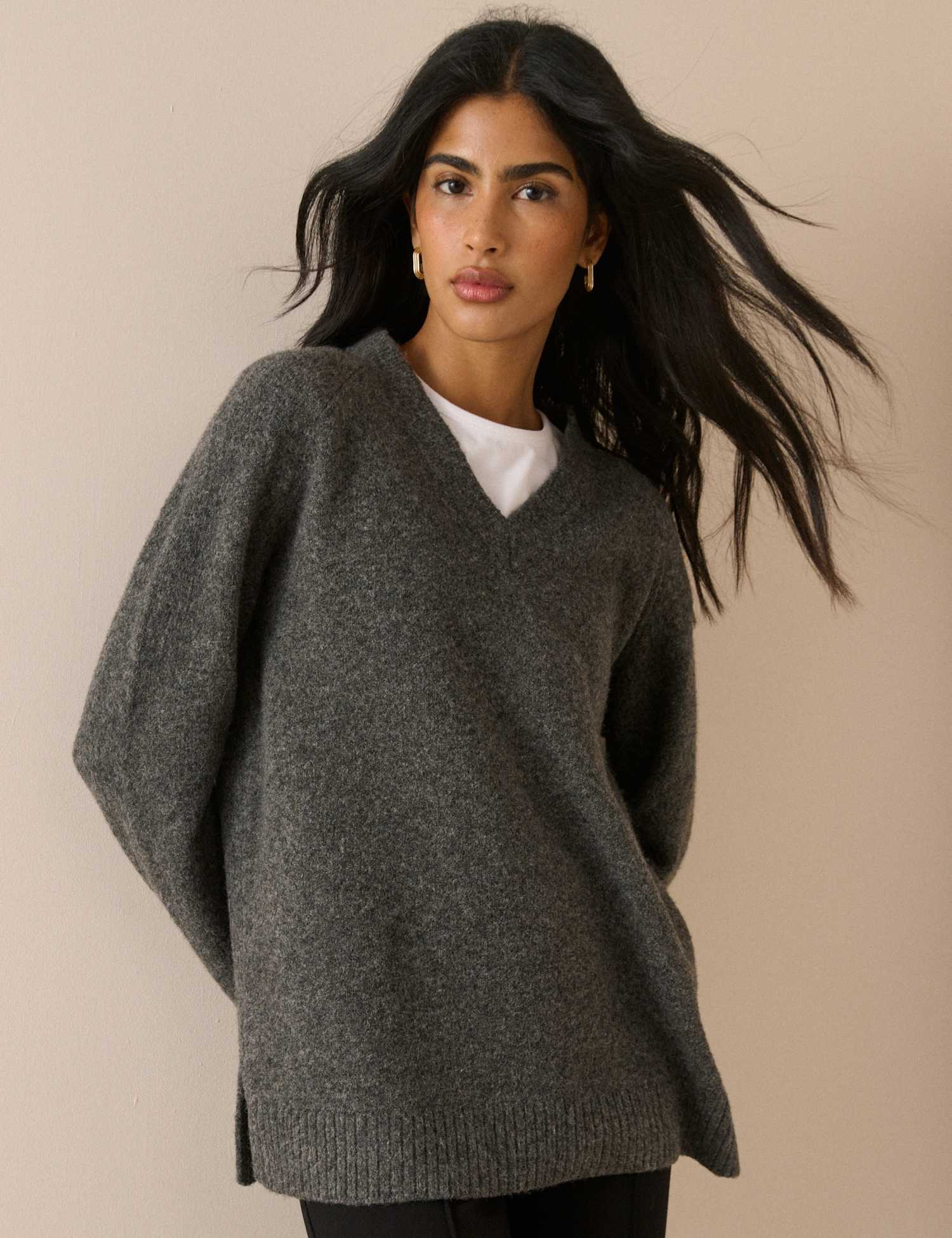 Nobody's Child V-Neck Longline Jumper Grey