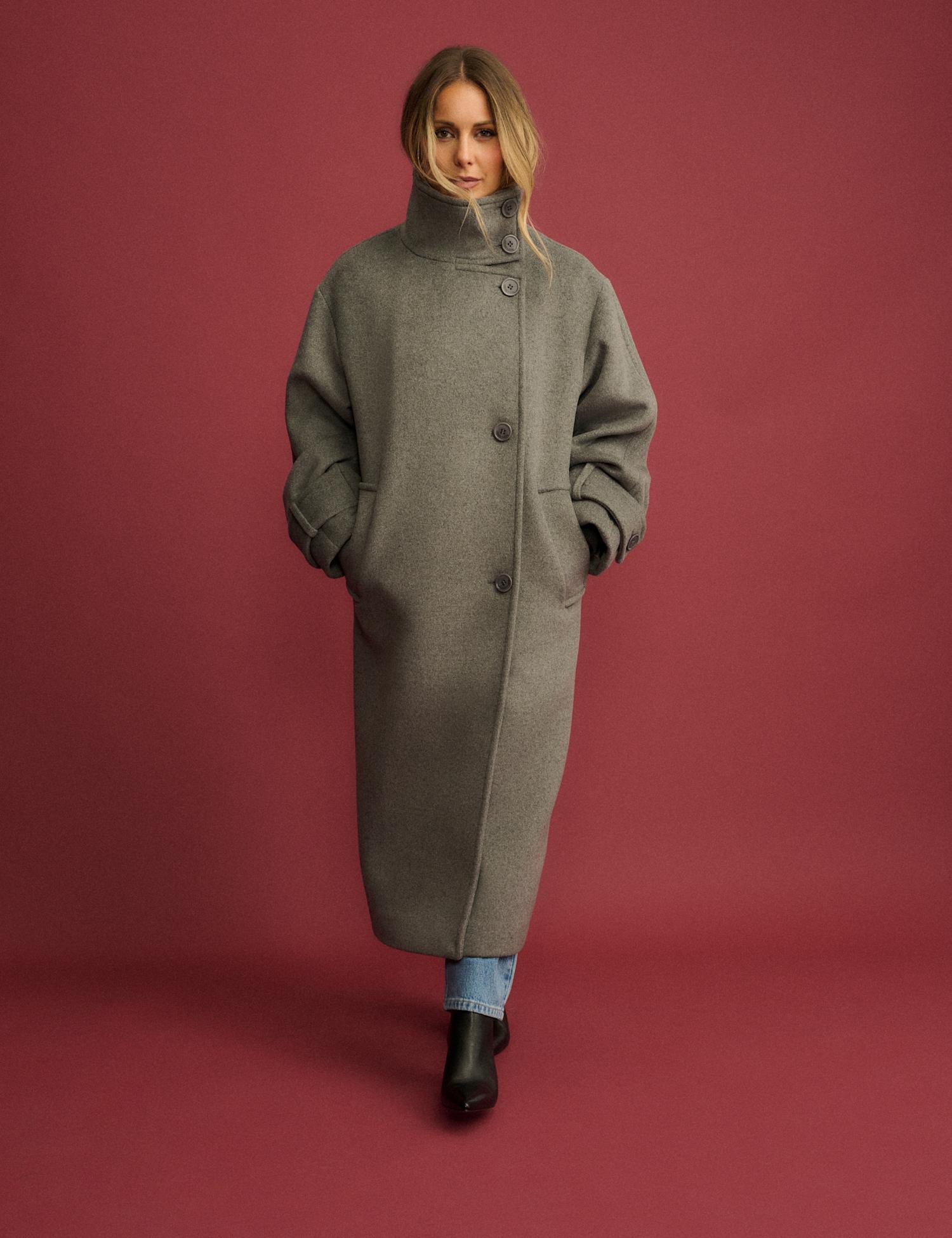 Nobody's Child X Louise Thompson Funnel Neck Longline Coat with Wool Grey