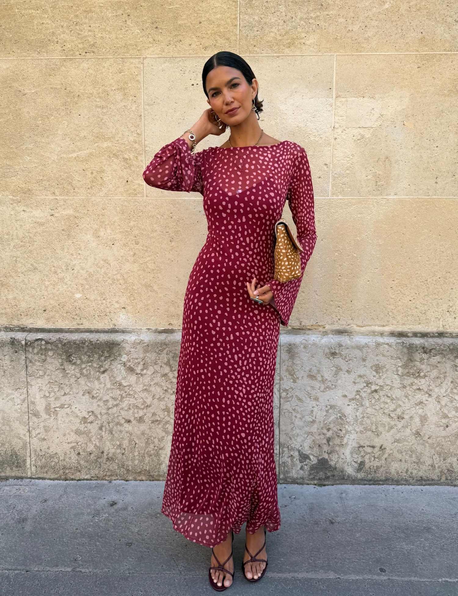 Never Fully Dressed Mesh Print Fitted Maxi Dress Burgundy Mix
