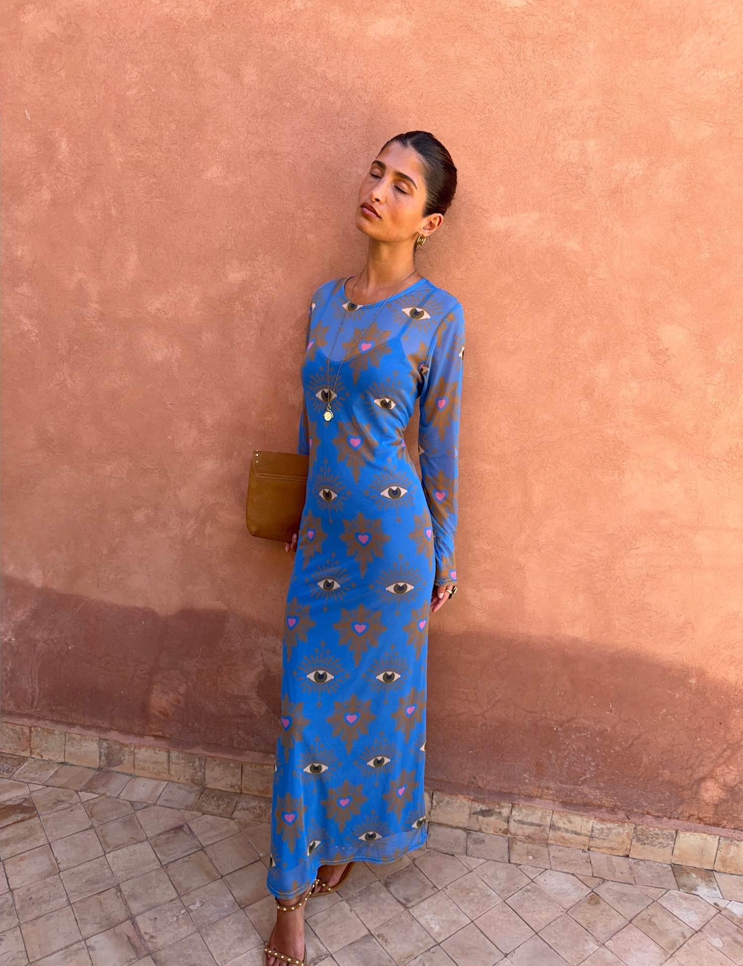 Never Fully Dressed Mesh Eye Print Maxi Fitted Dress Blue Mix