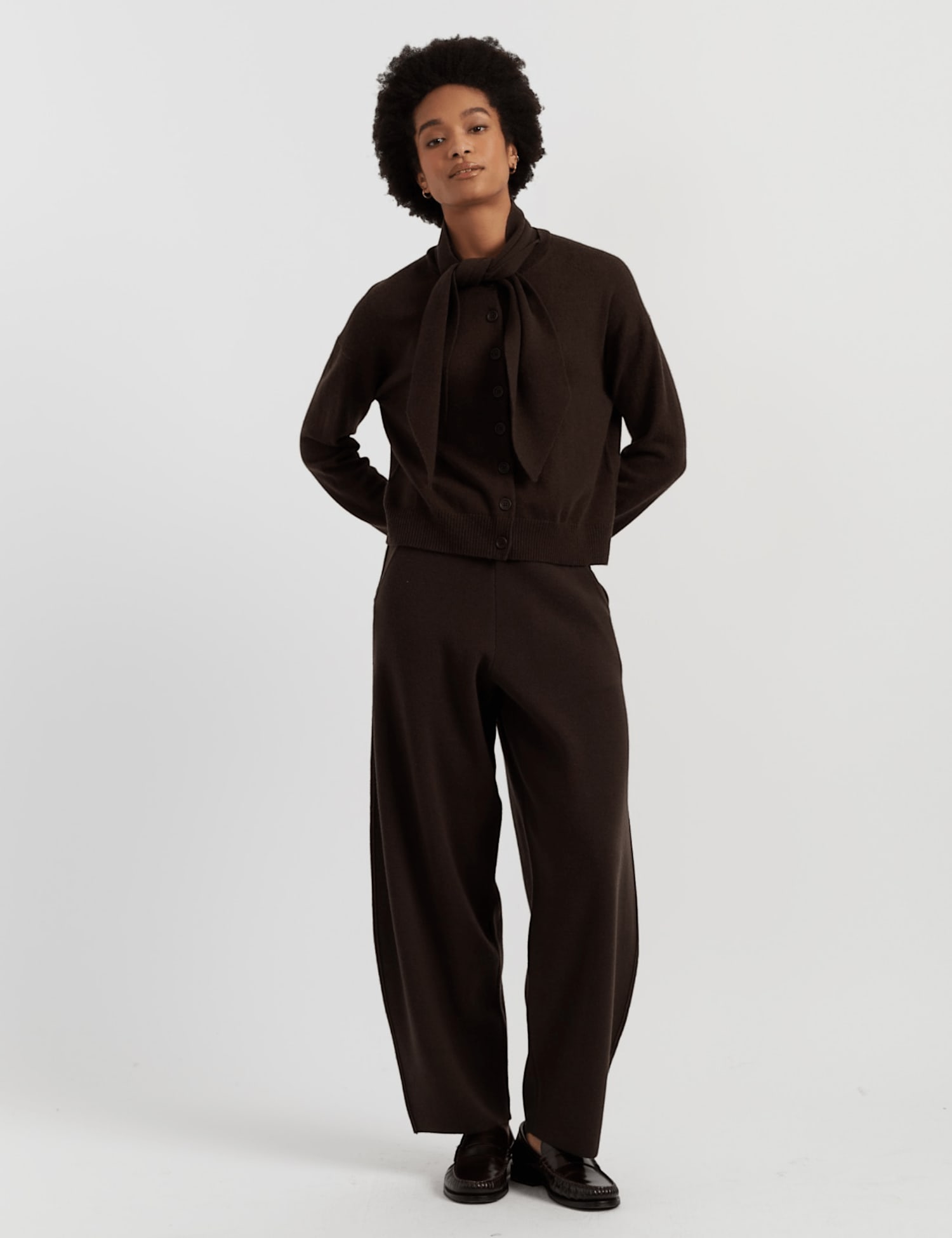 Chinti & Parker Wool Rich Jacquard Barrel Leg Trousers Dark Brown
