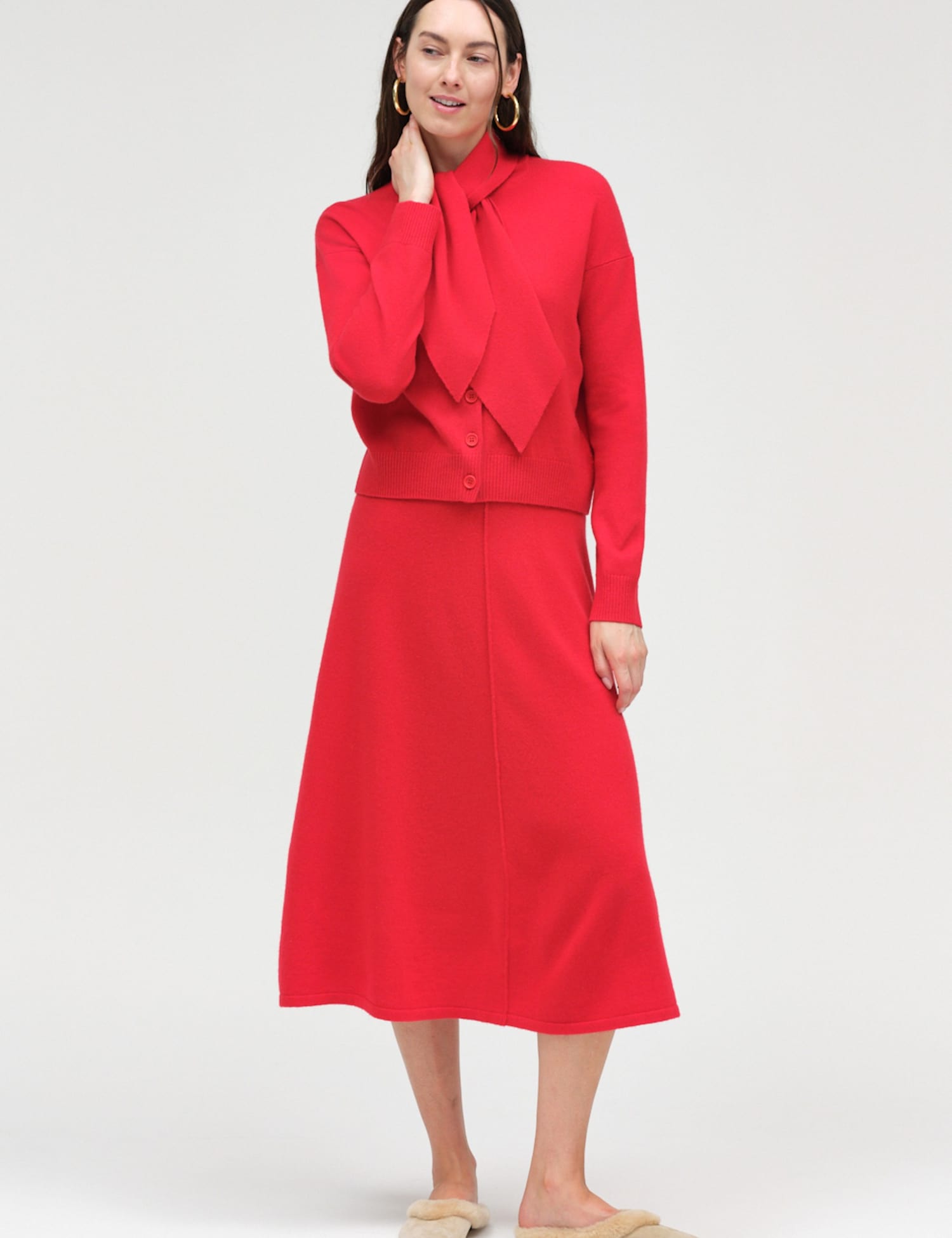 Chinti & Parker Wool Rich Jacquard Tie Neck Cardigan Red