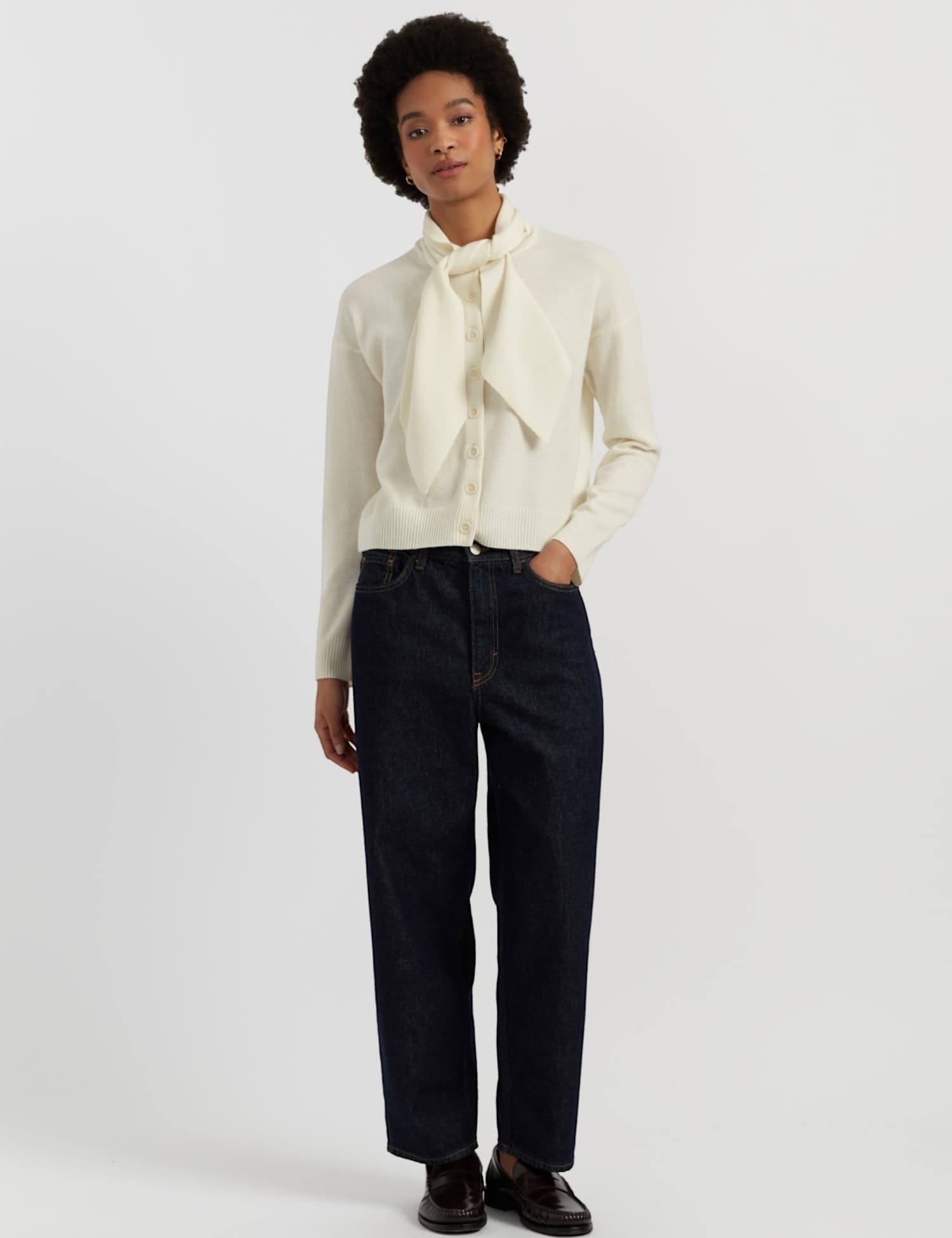 Chinti & Parker Wool Rich Jacquard Tie Neck Cardigan Cream