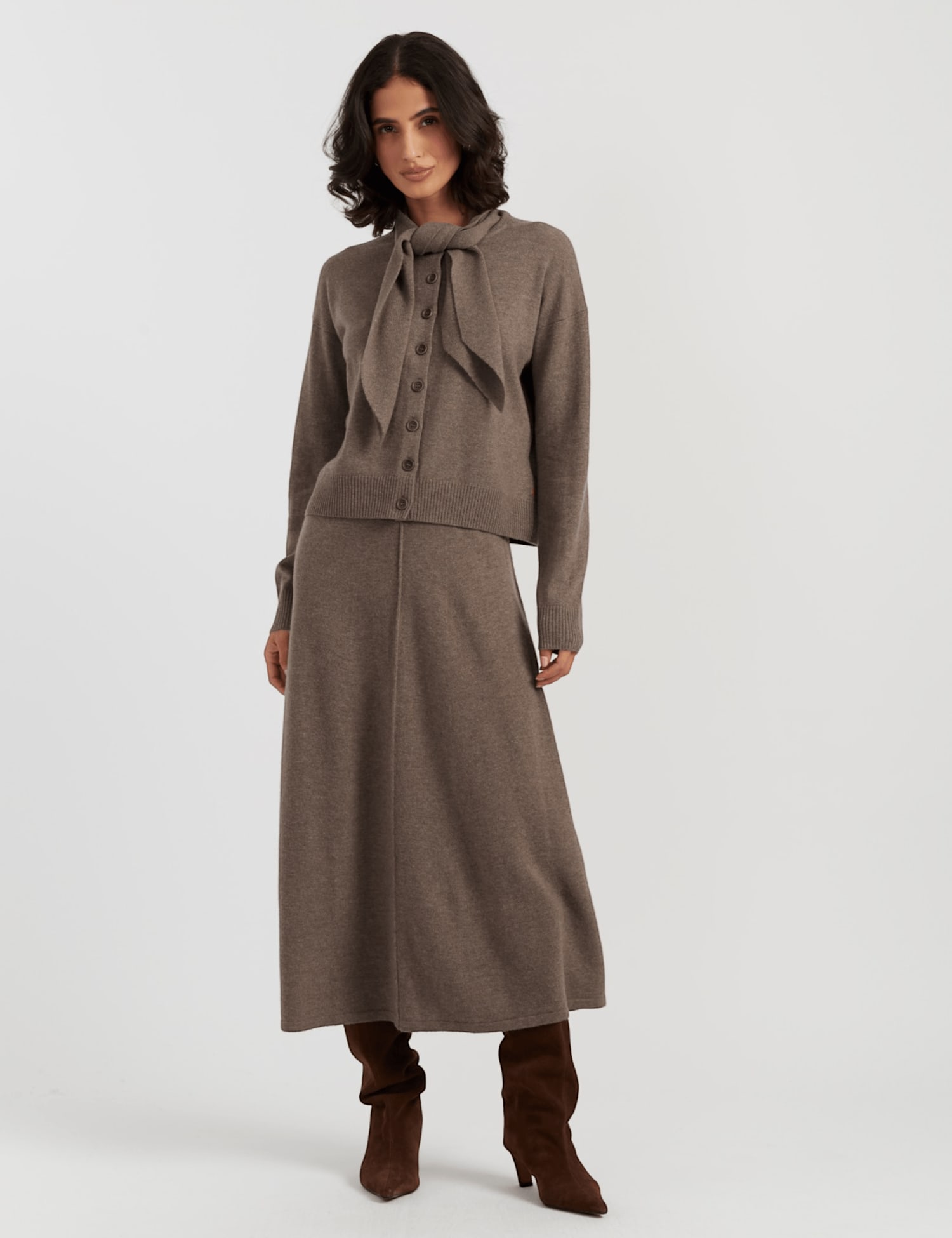 Chinti & Parker Wool Rich Jacquard Tie Neck Cardigan Light Brown