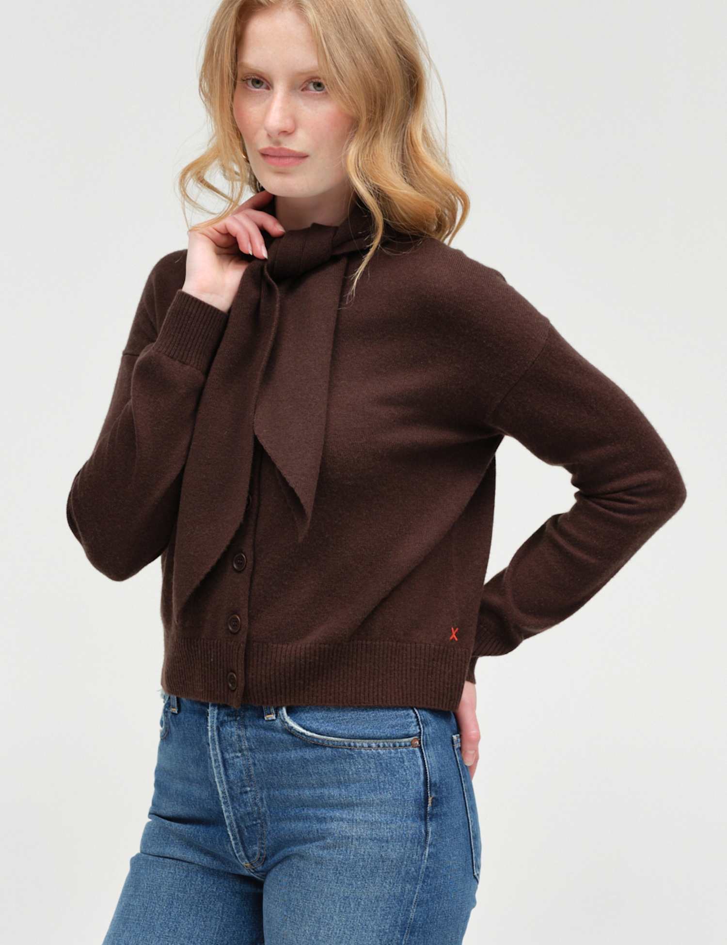Chinti & Parker Wool Rich Jacquard Tie Neck Cardigan Dark Brown