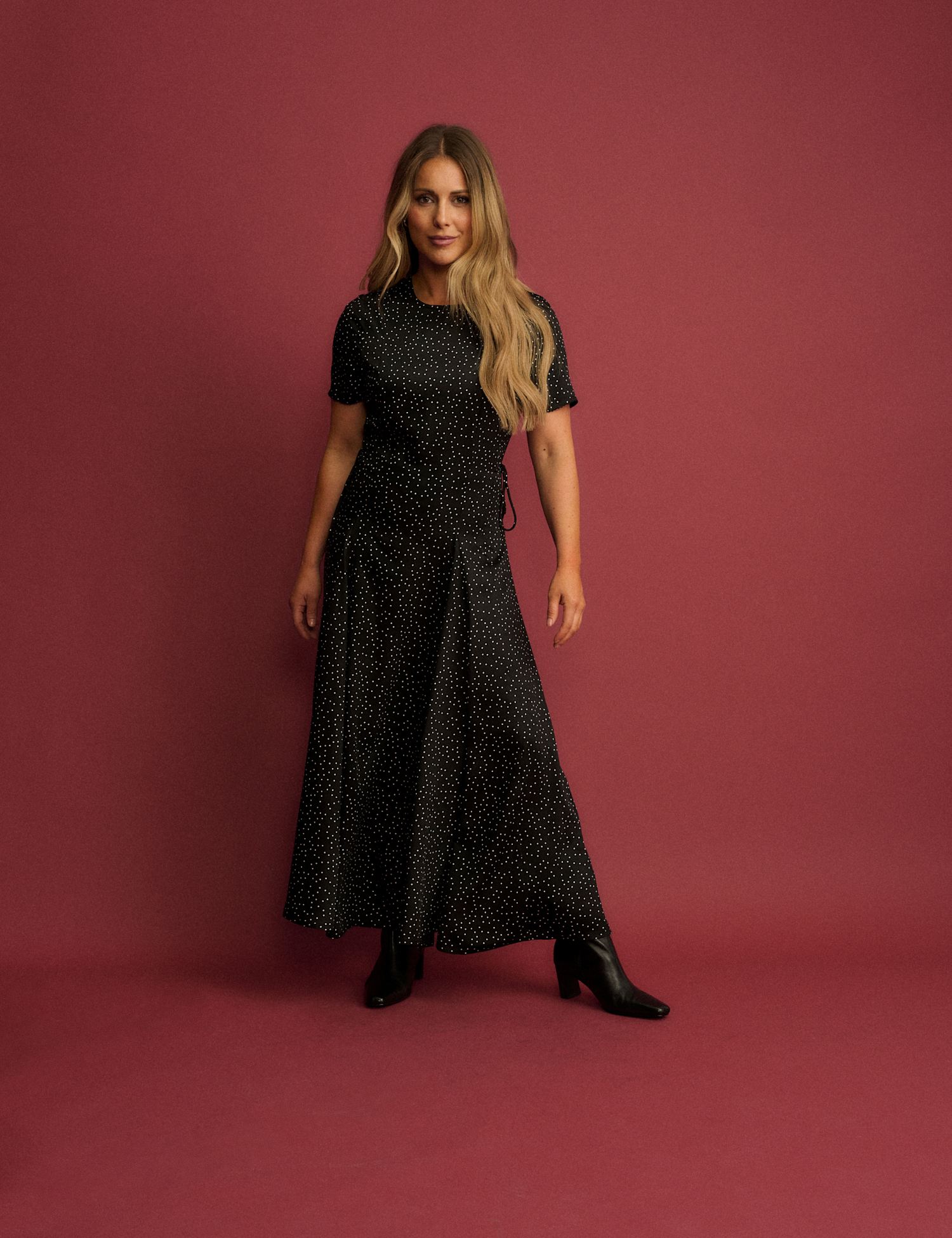 Nobody's Child X Louise Thompson Polka Dot Round Neck Tie Detail Midi Tea Dress Black Mix