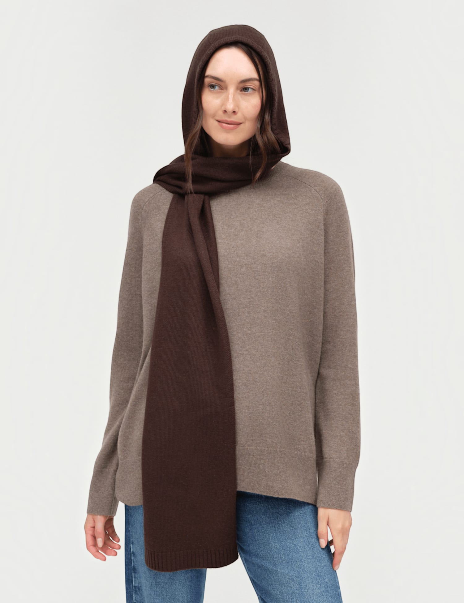Chinti & Parker Wool Rich Knitted Hooded Scarf Dark Brown