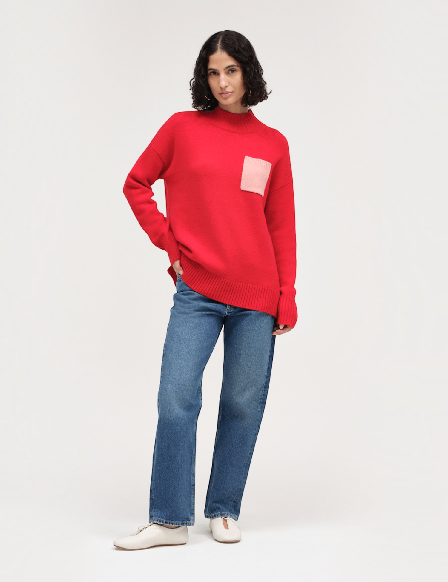 Chinti & Parker Wool Rich Roll Neck Pocket Detail Sweatshirt Red