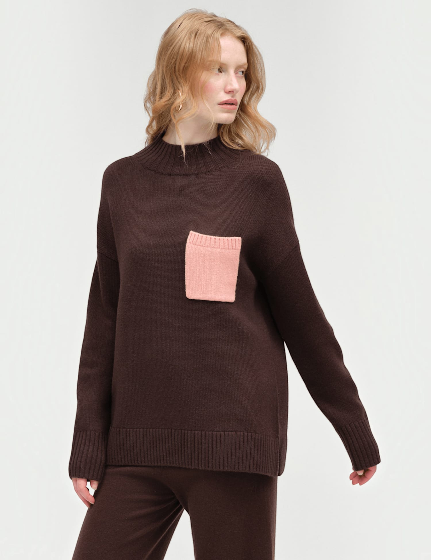 Chinti & Parker Wool Rich Roll Neck Pocket Detail Sweatshirt Dark Brown