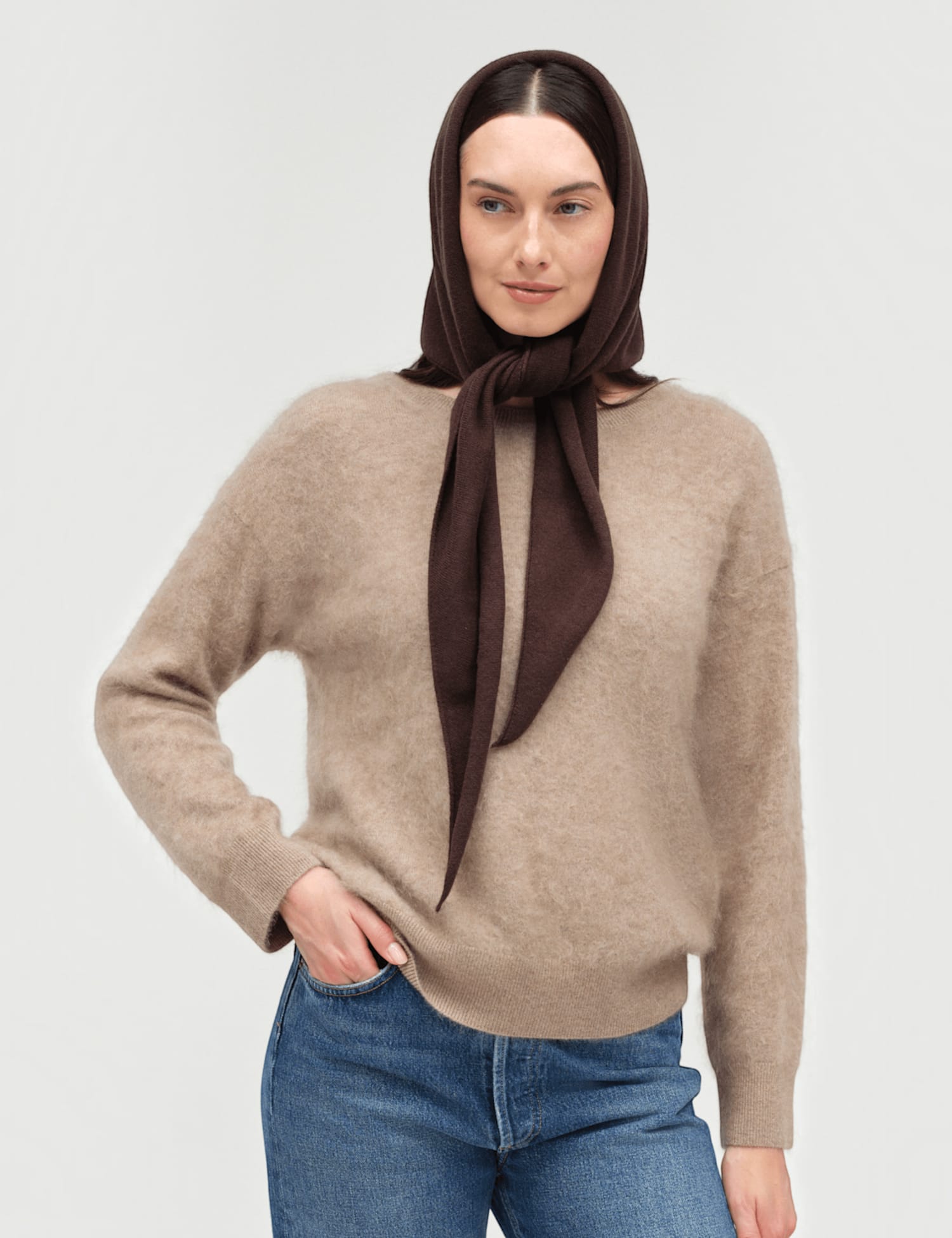 Chinti & Parker Wool Rich Jacquard Triangle Scarf Dark Brown
