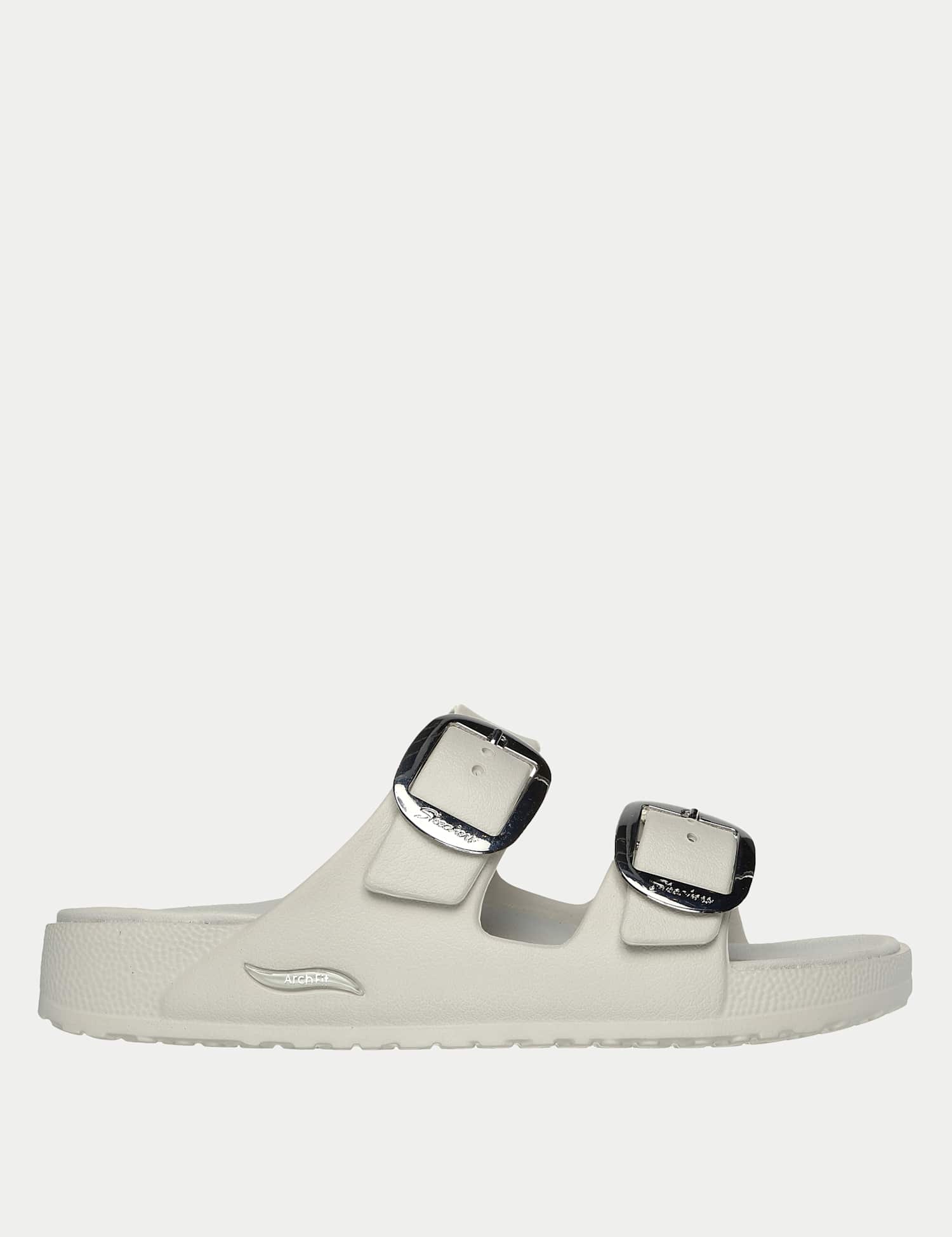 Skechers Metallic Buckle Footbed Sliders White