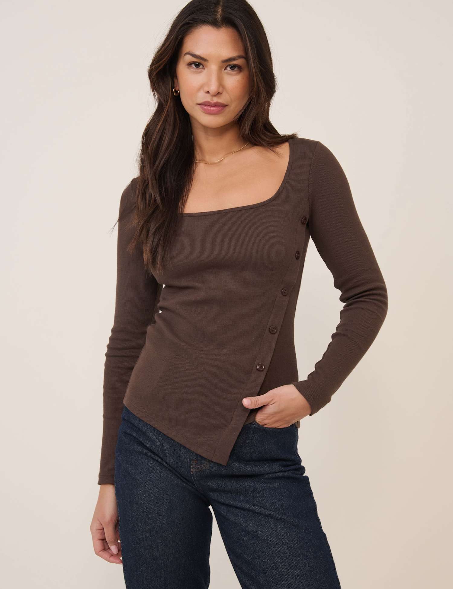 Nobody's Child Cotton Rich Square Neck Asymmetric Top Brown
