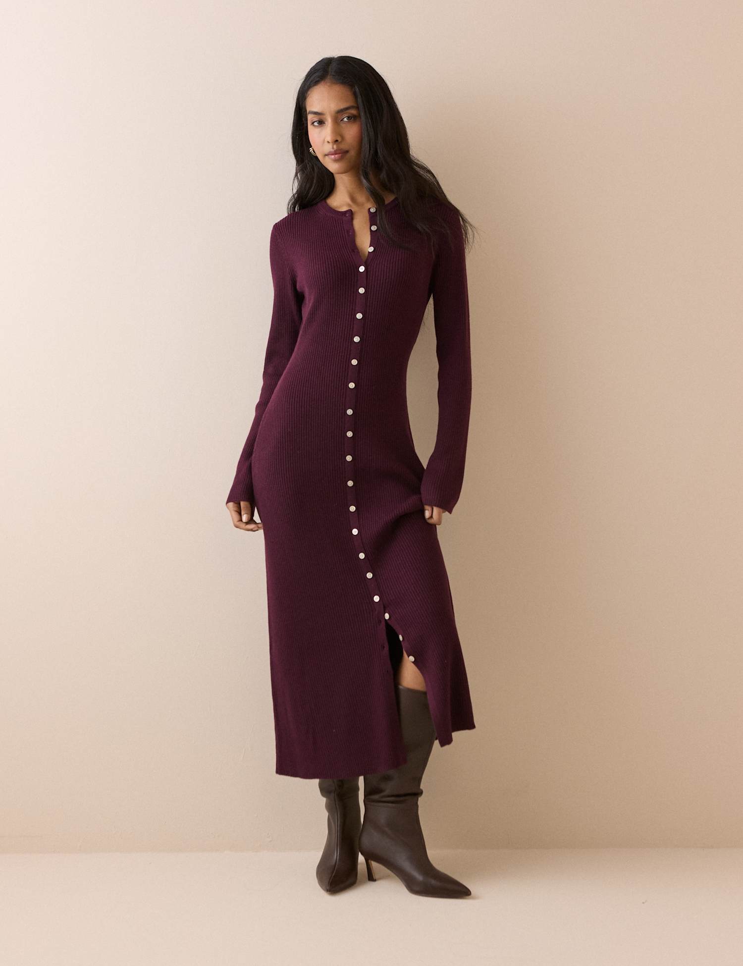 Nobody's Child Knitted Button Through Midi Bodycon Dress Burgundy