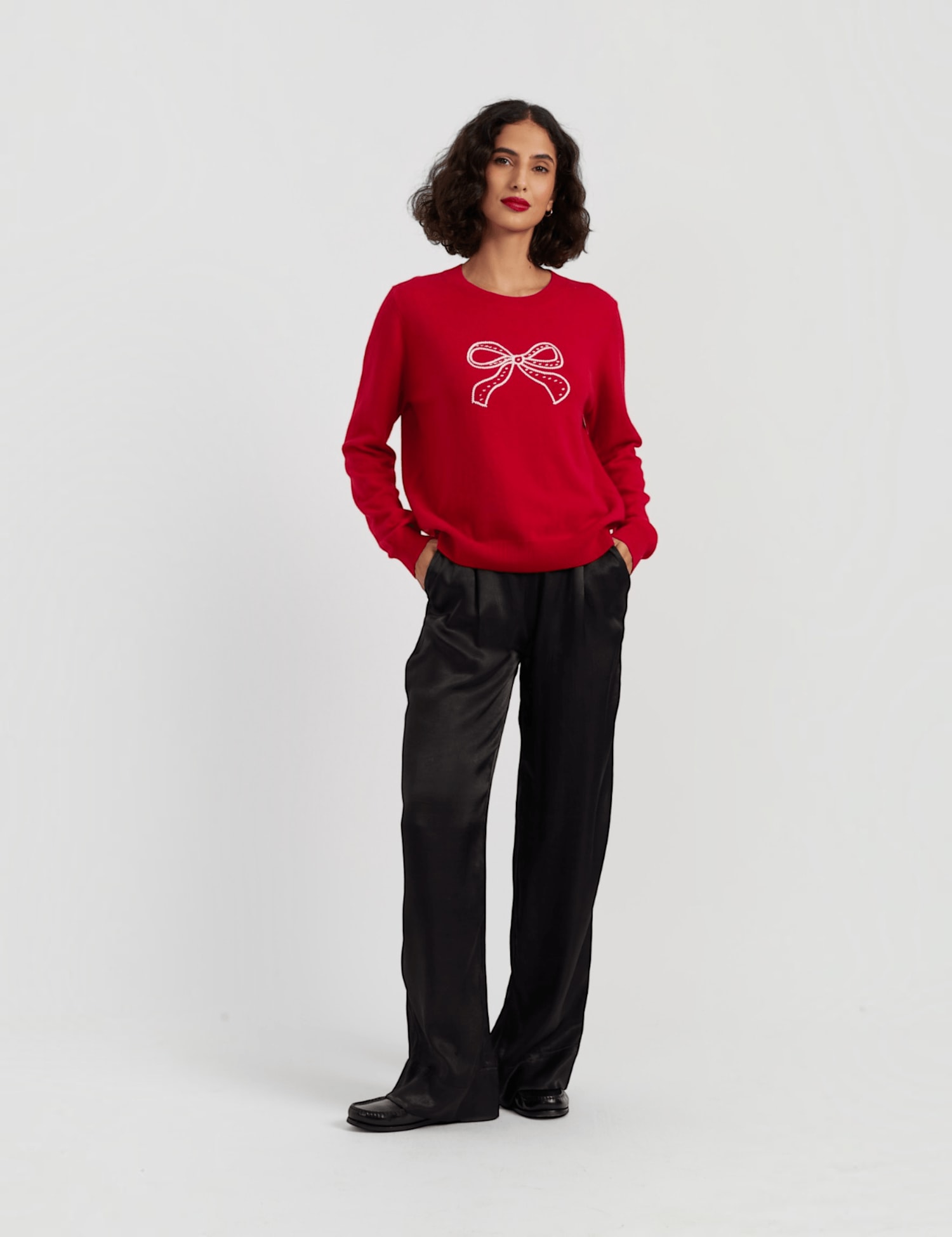 Chinti & Parker Bow Embroidered Crew Neck Jumper Cream