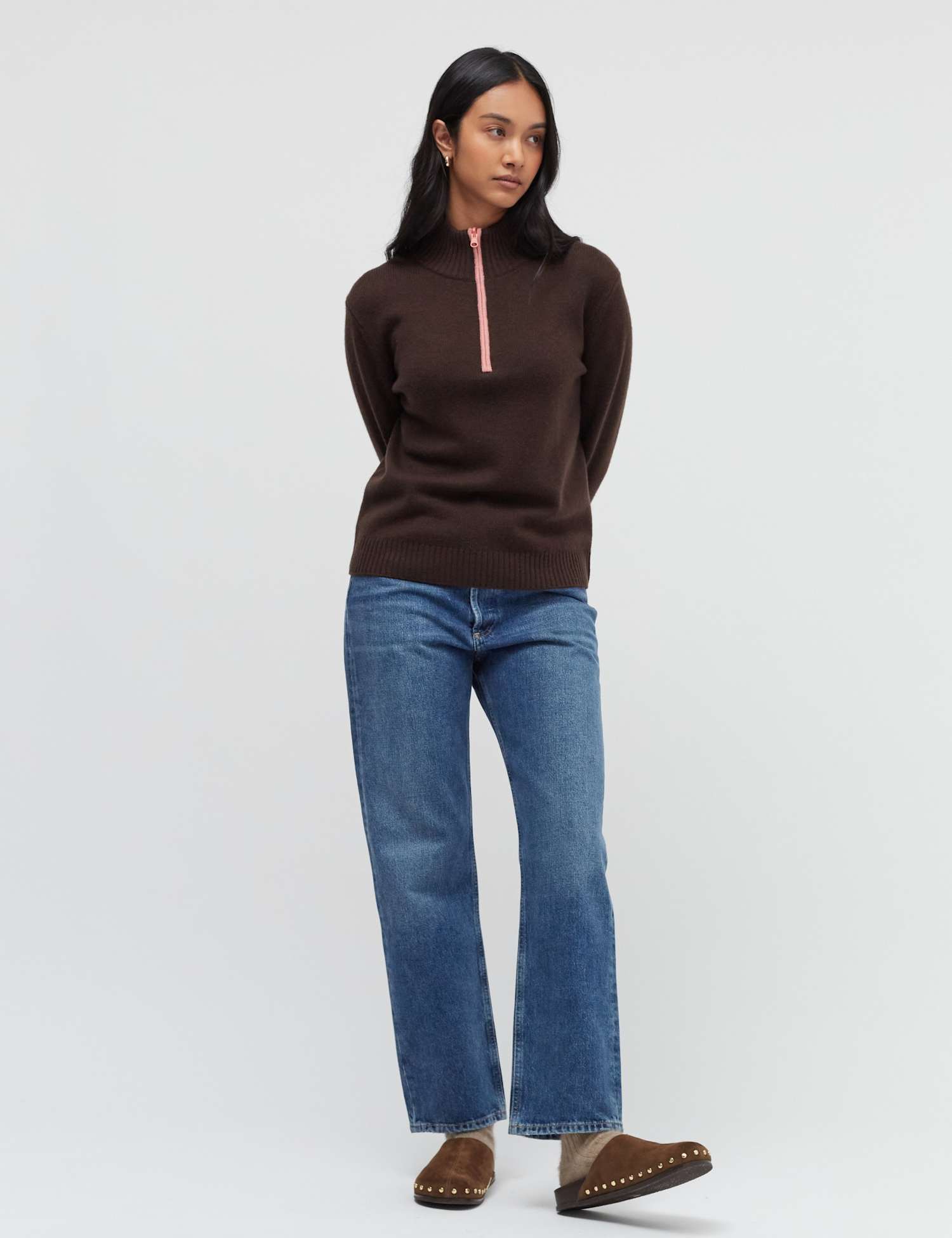 Chinti & Parker Wool Cashmere Roll Neck Zip Jumper Dark Brown