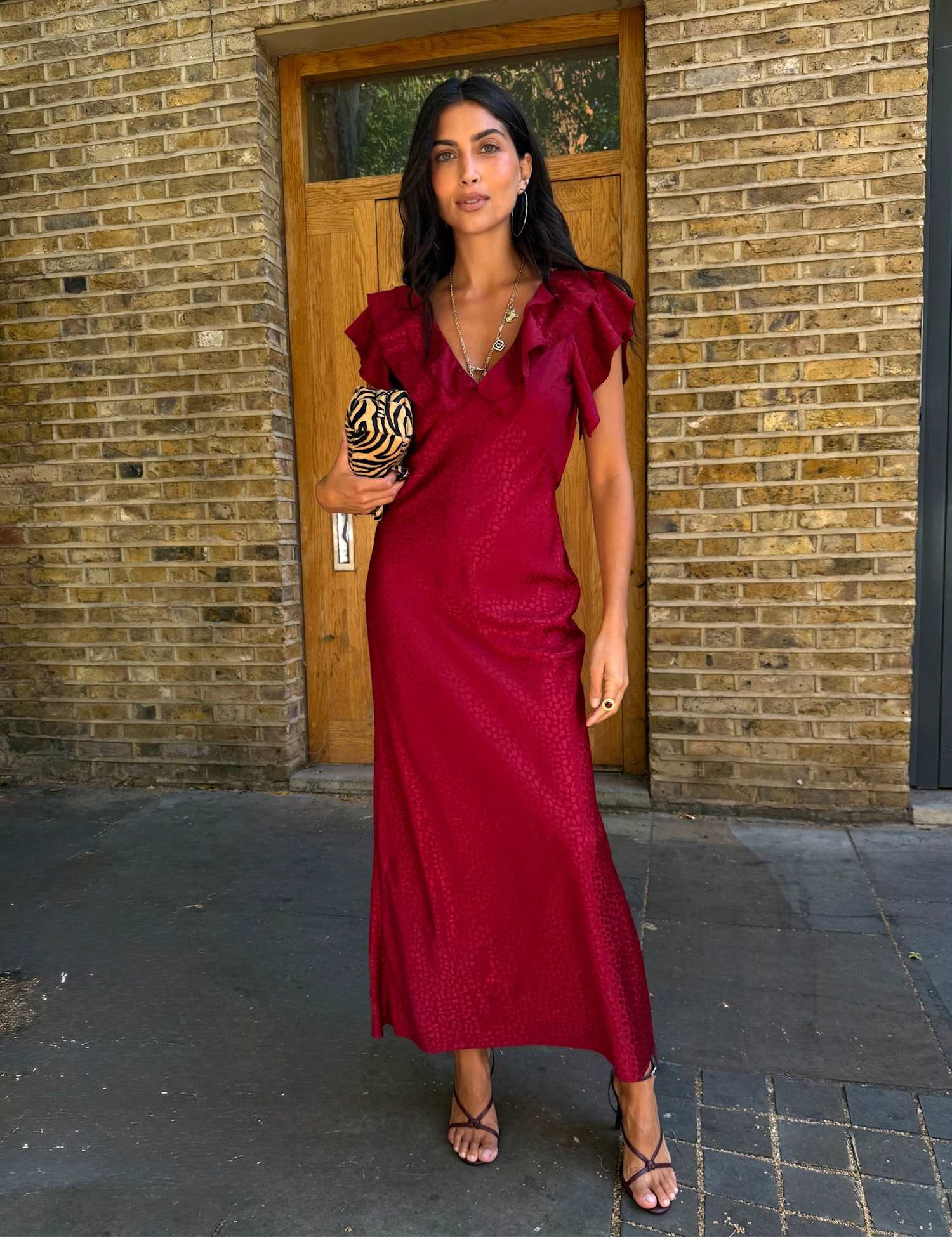 Never Fully Dressed Printed V Neck Frill Maxi Dress Burgundy Mix