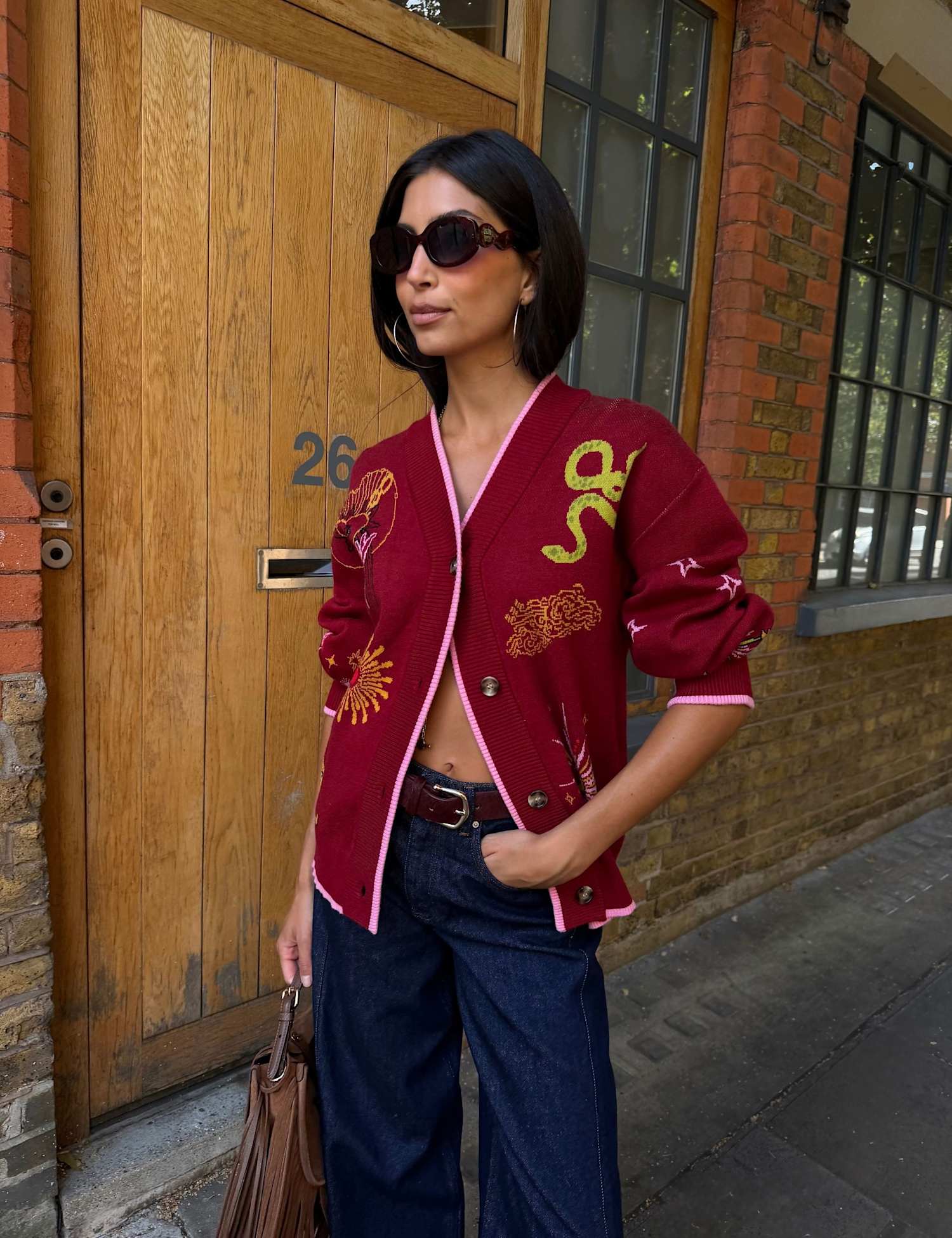 Never Fully Dressed Embroidered V Neck Button Front Relaxed Cardigan Burgundy Mix