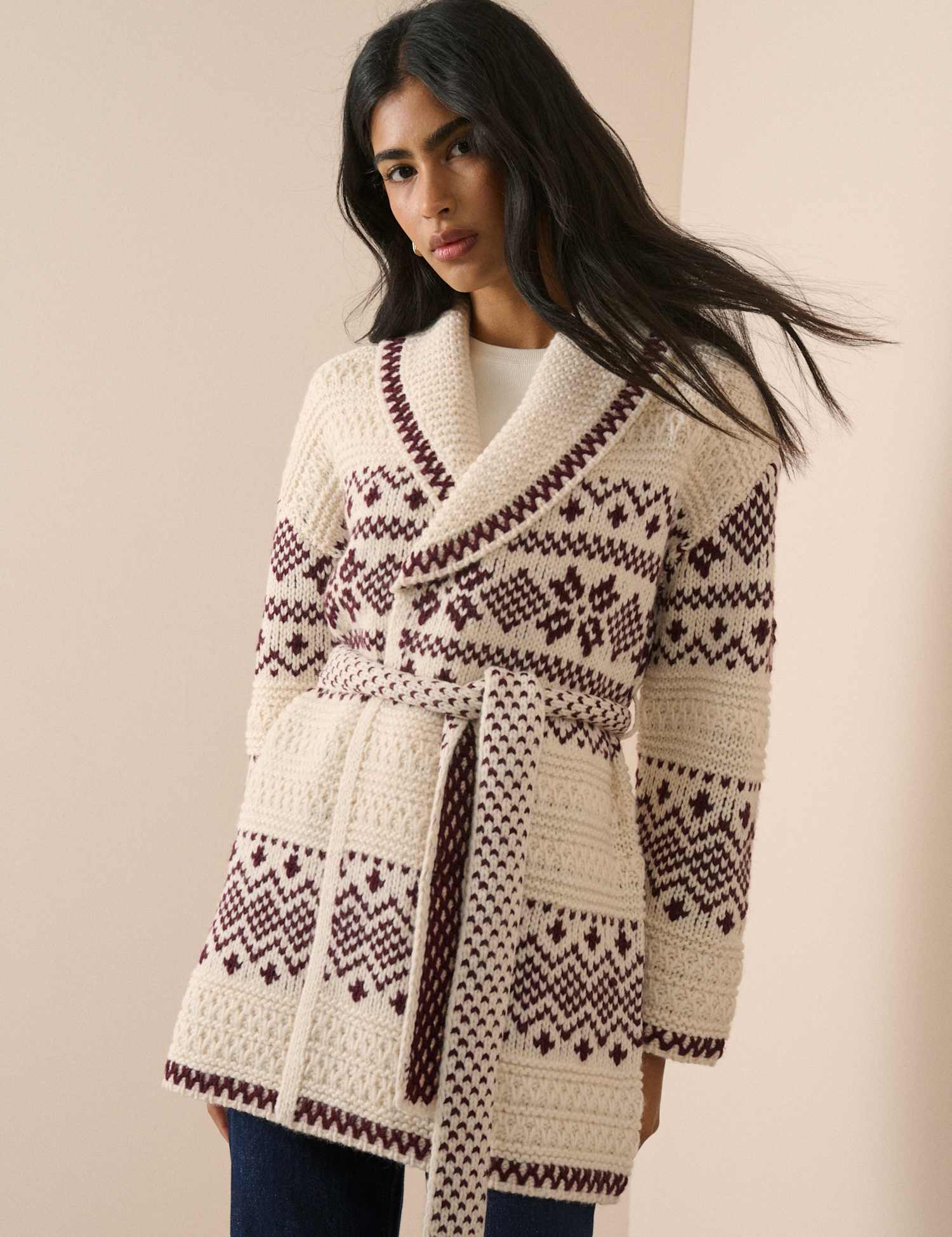 Nobody's Child Fair Isle Knit Wrap Cardigan Cream