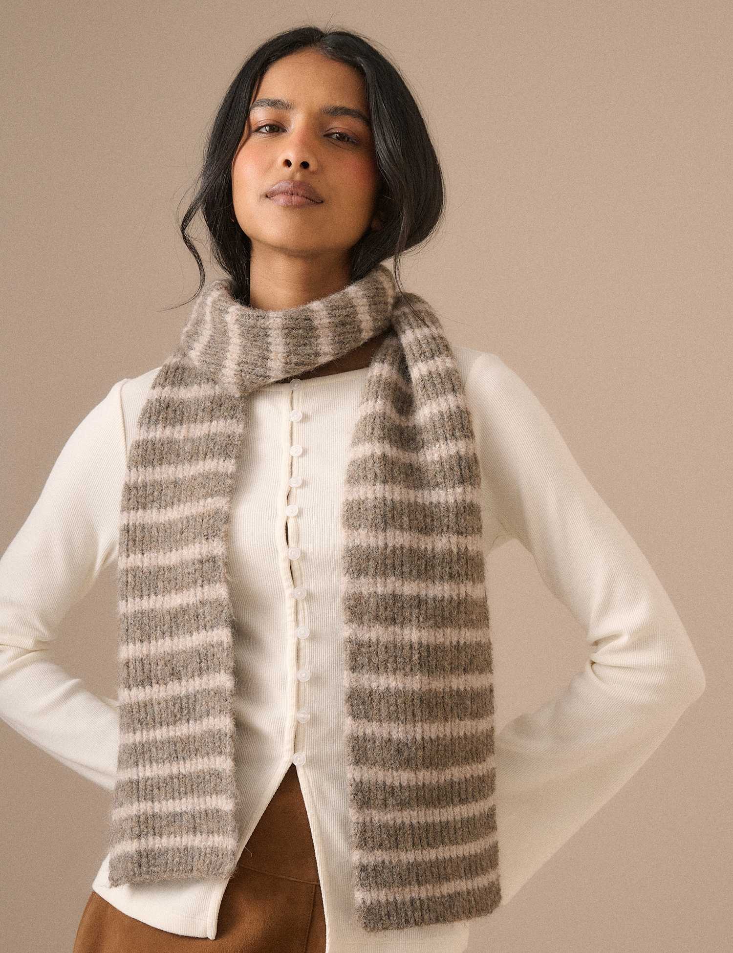 Nobody's Child Knitted Striped Scarf Beige