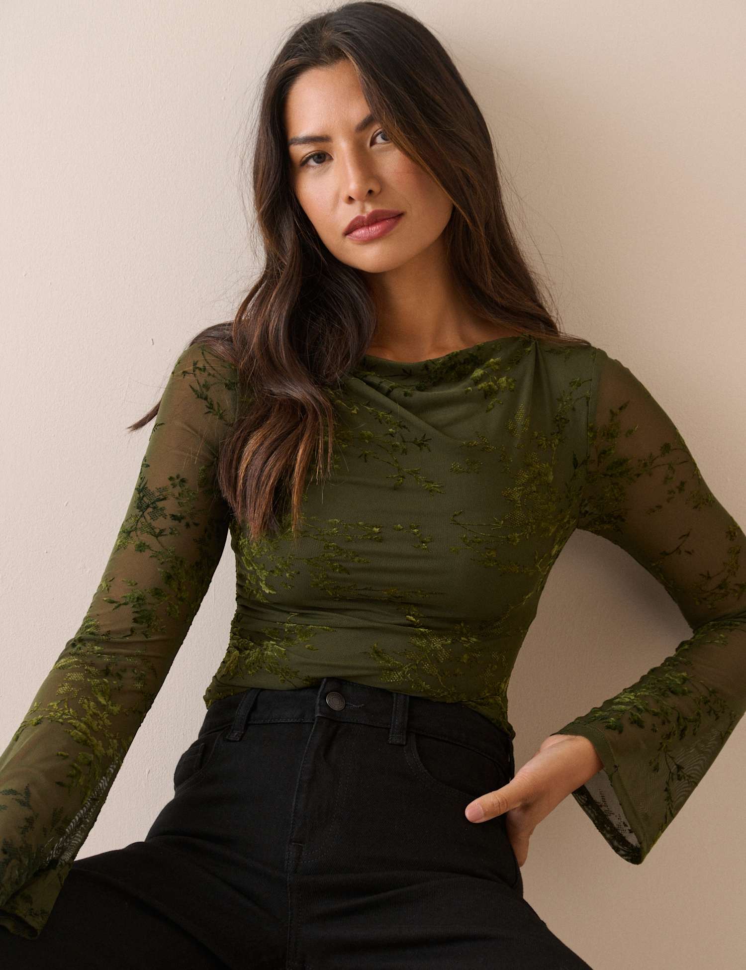 Nobody's Child Devore Slash Neck Fitted Long Sleeve Top Green
