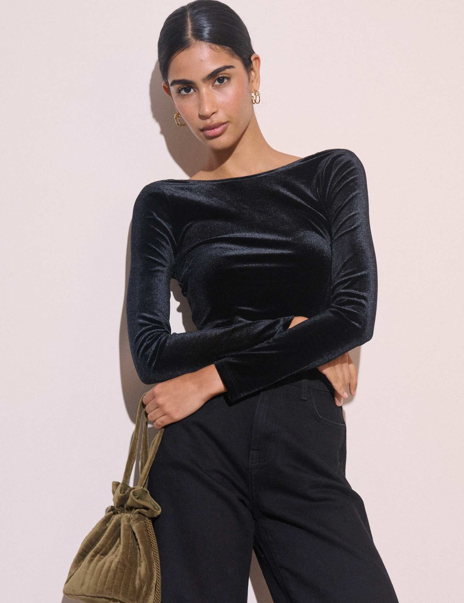 Nobody's Child Velvet Cowl Back Fitted Top Black