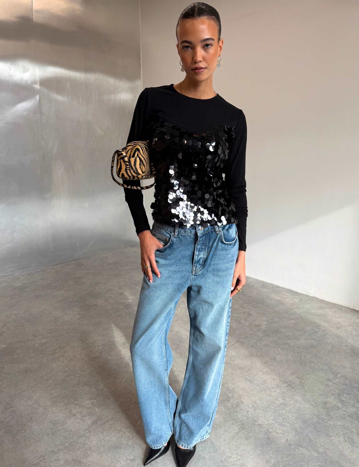 Never Fully Dressed Sequin Crew Neck Fitted T-Shirt Black Mix