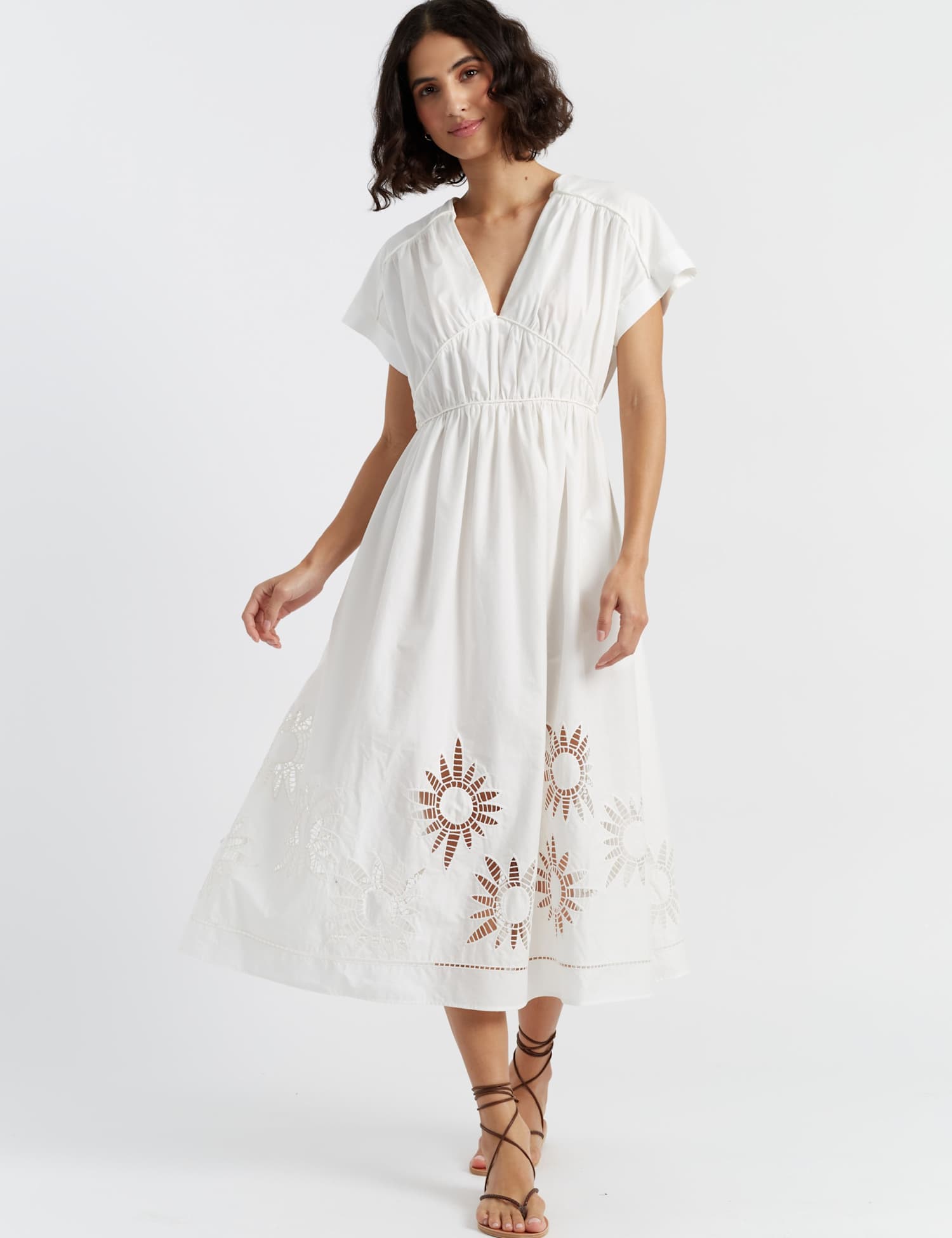 Chinti & Parker Pure Cotton Broderie Midi Waisted Dress Cream