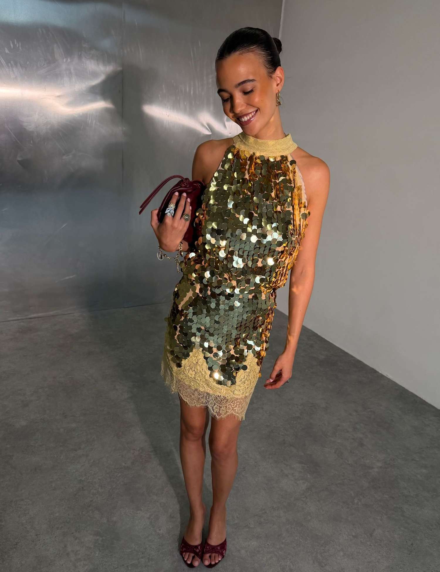 Never Fully Dressed Sequin Tie Neck Fitted Vest Top Gold