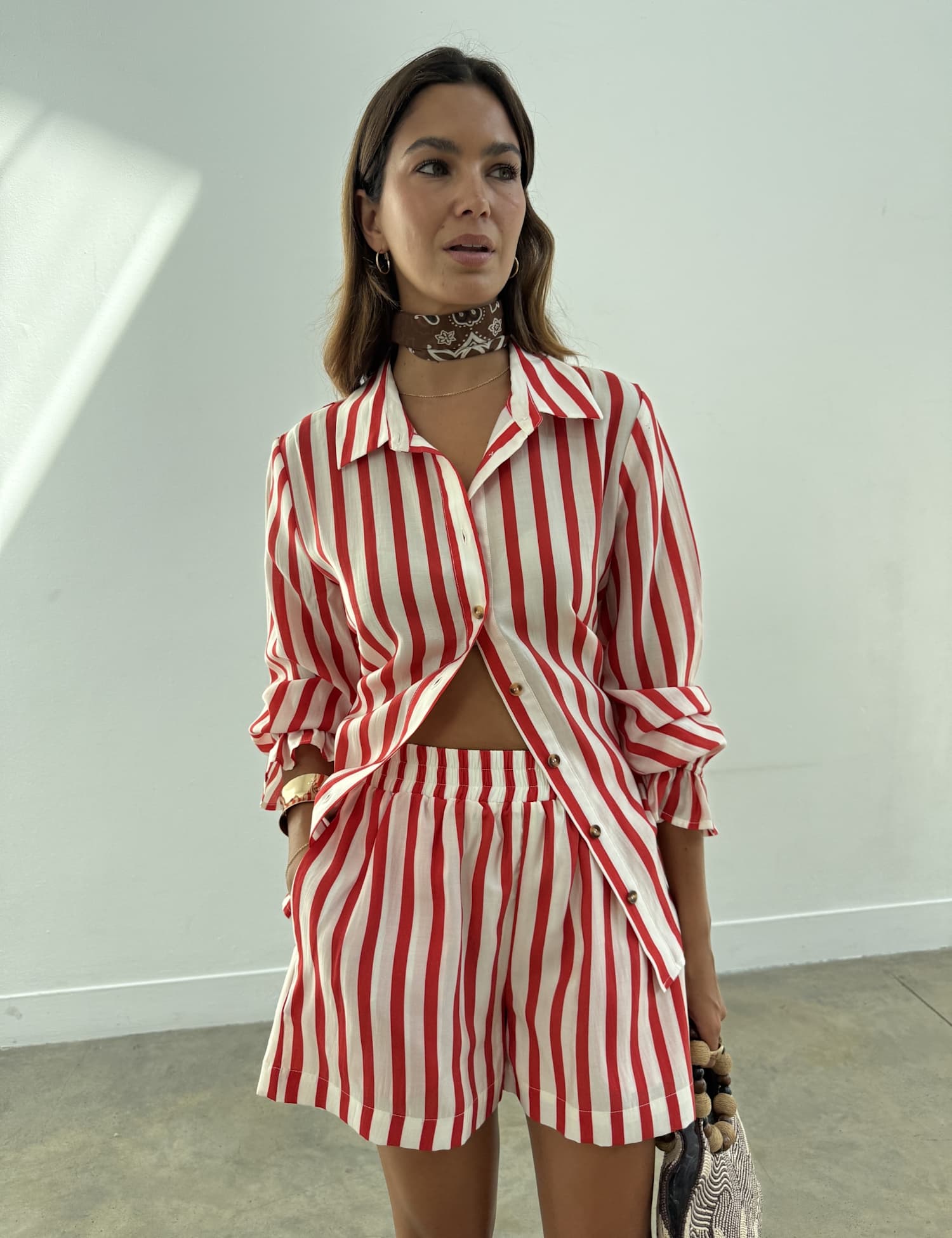Never Fully Dressed Striped Collared Tie Detail Shirt Red Mix