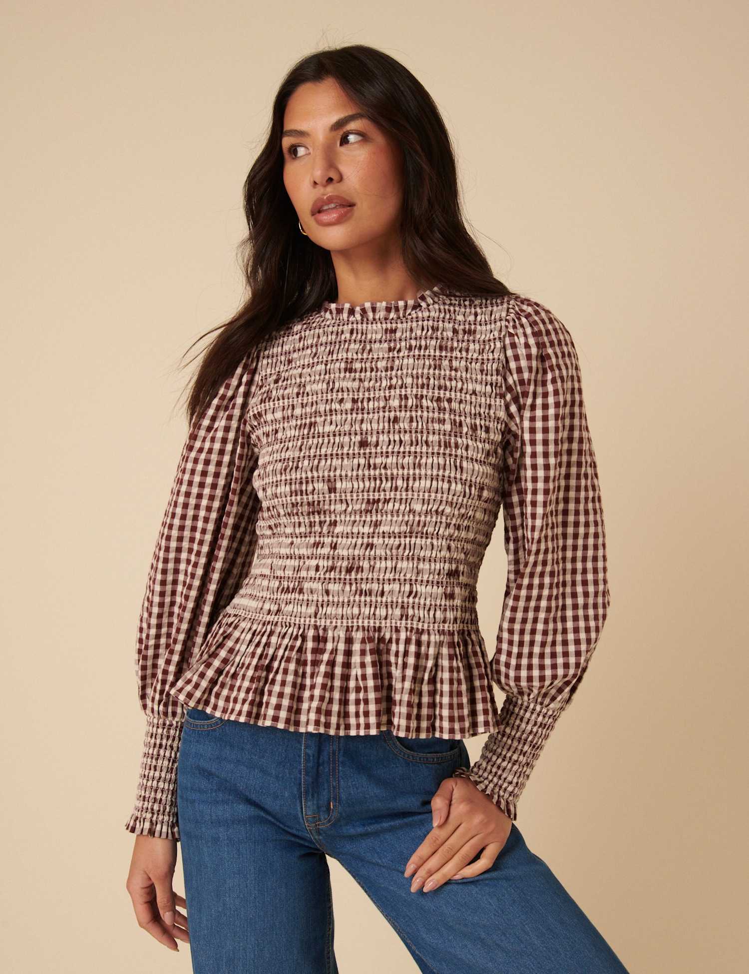 Nobody's Child Pure Cotton Gingham Crew Neck Blouse Brown